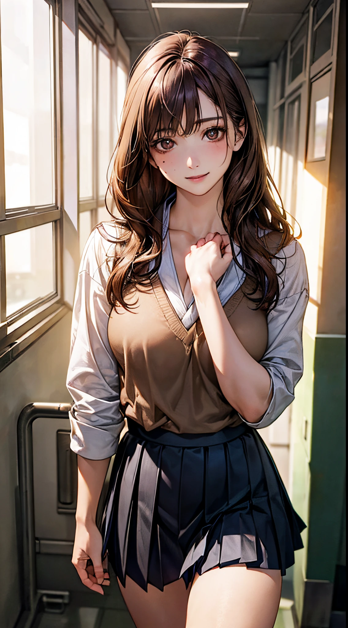 (((perfect anatomy, anatomically correct, super detailed skin))), 1 girl, japanese, high school girl, from front, shiny skin, watching the viewer, 
detailed hair, detailed face, detailed eyes, (long hair:1.5, brunette hair:1.7), bangs, hair between eye, light brown hair, brown eyes, babyface, mole under eye, lip gloss, 
beautiful clavicle, beautiful body, beautiful breasts, large breasts:0.5, beautiful thighs, beautiful legs, camel toe, 
((detailed cloth texture, school uniform, gray pleated skirt, white socks, brown loafers)), white panties, seductive thighs, 
(beautiful scenery), summer, school hallway, smile, walking, 
(8k, best quality, masterpiece​:1.2, extremely detailed), (realistic, photorealistic:1.4), beautiful illustration, natural lighting,