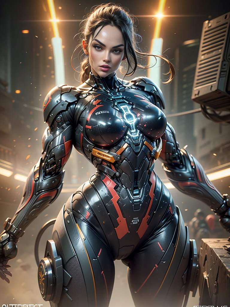 megan fox), Cinematic, hyper-detailed, black muscles with neon veins, perfect muscular anatomy of a bald super muscular female android girl. Beautiful color grading, enhancing the overall cinematic feel. Unreal Engine renders her anatomic cybernetic muscle suit to life; mesmerizing. With depth of field (DOF), every detail is focused and accentuated, drawing attention to her eyes and the intricate design of the anatomic cybernetic muscle suit . Max image resolution, using super-resolution technology to ensure pixel perfection. Cinematic lighting enhances her aura, while anti-aliasing techniques like FXAA and TXAA keep the edges smooth and clean. Realistic raytracing with RTX technology for perfect rendering of the anatomic cybernetic muscle suit. Additionally, SSAO (Screen Space Ambient Occlusion) gives depth and realism to the scene, the girl's anatomic cybernetic muscle suit become even more realistic. In the post-processing and post-production stages, tone mapping enhancement creates a captivating visual experience. The integration of CGI (Computer-Generated Imagery) and VFX (Visual Effect brings out the anatomic cybernetic muscle suit's intricate features seamlessly. Incredible detail with, with intricate hyper maximalist and hyper-realistic elements meticulously crafted into the artwork. Volumetric effects add depth and dimension, with unparalleled photorealism. 8K image resolution render, ensuring super-detailed visuals. The volumetric lightning adds a touch of magic, highlighting her beauty and the aura of her anatomic cybernetic muscle suit in an otherworldly way. High Dynamic Range (HDR) technology makes the colors pop, adding richness to the overall composition. Ultimately, this artwork presents an unreal portrayal of a super muscled cybernetic female android