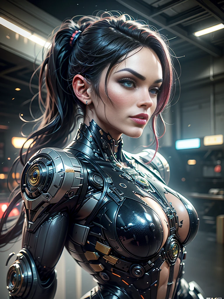 megan fox), Cinematic, hyper-detailed, black muscles with neon veins, perfect muscular anatomy of a bald super muscular female android girl. Beautiful color grading, enhancing the overall cinematic feel. Unreal Engine renders her anatomic cybernetic muscle suit to life; mesmerizing. With depth of field (DOF), every detail is focused and accentuated, drawing attention to her eyes and the intricate design of the anatomic cybernetic muscle suit . Max image resolution, using super-resolution technology to ensure pixel perfection. Cinematic lighting enhances her aura, while anti-aliasing techniques like FXAA and TXAA keep the edges smooth and clean. Realistic raytracing with RTX technology for perfect rendering of the anatomic cybernetic muscle suit. Additionally, SSAO (Screen Space Ambient Occlusion) gives depth and realism to the scene, the girl's anatomic cybernetic muscle suit become even more realistic. In the post-processing and post-production stages, tone mapping enhancement creates a captivating visual experience. The integration of CGI (Computer-Generated Imagery) and VFX (Visual Effect brings out the anatomic cybernetic muscle suit's intricate features seamlessly. Incredible detail with, with intricate hyper maximalist and hyper-realistic elements meticulously crafted into the artwork. Volumetric effects add depth and dimension, with unparalleled photorealism. 8K image resolution render, ensuring super-detailed visuals. The volumetric lightning adds a touch of magic, highlighting her beauty and the aura of her anatomic cybernetic muscle suit in an otherworldly way. High Dynamic Range (HDR) technology makes the colors pop, adding richness to the overall composition. Ultimately, this artwork presents an unreal portrayal of a super muscled cybernetic female android