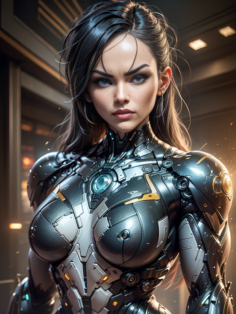 megan fox), Cinematic, hyper-detailed, black muscles with neon veins, perfect muscular anatomy of a bald super muscular female android girl. Beautiful color grading, enhancing the overall cinematic feel. Unreal Engine renders her anatomic cybernetic muscle suit to life; mesmerizing. With depth of field (DOF), every detail is focused and accentuated, drawing attention to her eyes and the intricate design of the anatomic cybernetic muscle suit . Max image resolution, using super-resolution technology to ensure pixel perfection. Cinematic lighting enhances her aura, while anti-aliasing techniques like FXAA and TXAA keep the edges smooth and clean. Realistic raytracing with RTX technology for perfect rendering of the anatomic cybernetic muscle suit. Additionally, SSAO (Screen Space Ambient Occlusion) gives depth and realism to the scene, the girl's anatomic cybernetic muscle suit become even more realistic. In the post-processing and post-production stages, tone mapping enhancement creates a captivating visual experience. The integration of CGI (Computer-Generated Imagery) and VFX (Visual Effect brings out the anatomic cybernetic muscle suit's intricate features seamlessly. Incredible detail with, with intricate hyper maximalist and hyper-realistic elements meticulously crafted into the artwork. Volumetric effects add depth and dimension, with unparalleled photorealism. 8K image resolution render, ensuring super-detailed visuals. The volumetric lightning adds a touch of magic, highlighting her beauty and the aura of her anatomic cybernetic muscle suit in an otherworldly way. High Dynamic Range (HDR) technology makes the colors pop, adding richness to the overall composition. Ultimately, this artwork presents an unreal portrayal of a super muscled cybernetic female android