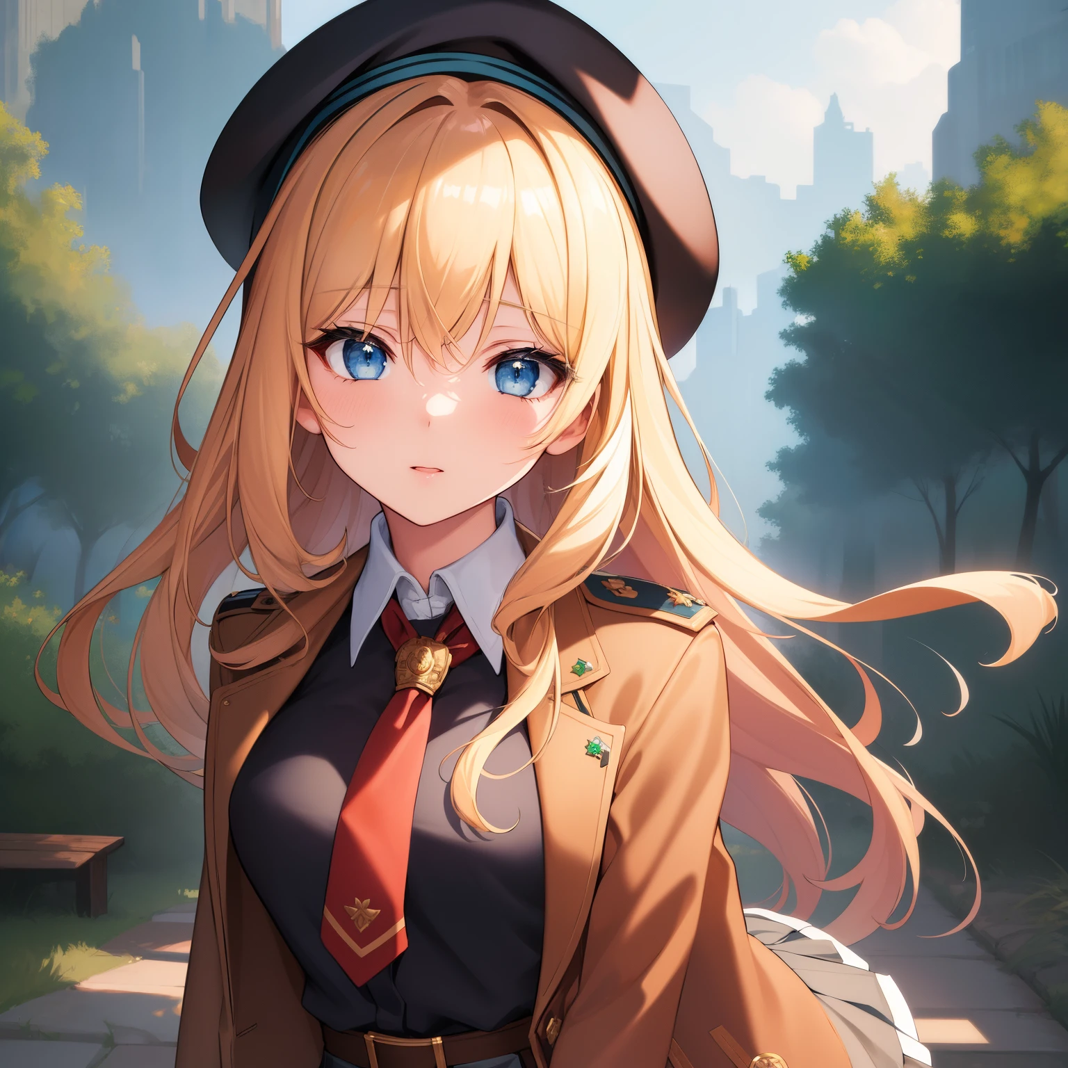(masterpiece, best quality:1.2), illustration, 8k, hd, 1girl,solo, upper body, (portrait:1.2), long hair, fringe, blue eyes, blonde hair, hair between eyes, green eyes, pleated skirt, open jacket, miniskirt, brown shirt, necktie, black pantyhose, beret,