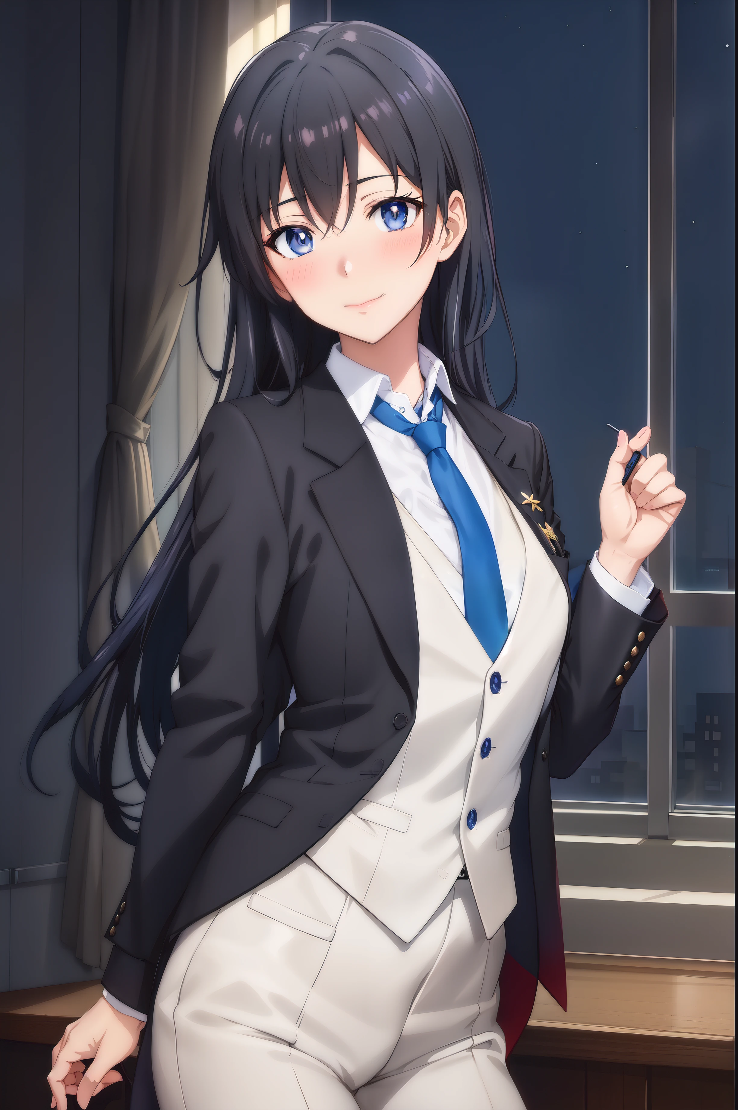 Anime girl in suit and tie standing in front of the window, anime moe artstyle, official character art, Nagatoru, smooth anime cg art, marin kitagawa fanart, formal art, Beautiful girl in high school anime, anime visual of cute girl, Visual Key to Visual Novel, high detailed official artwork, Magic school uniform for students, ZGK