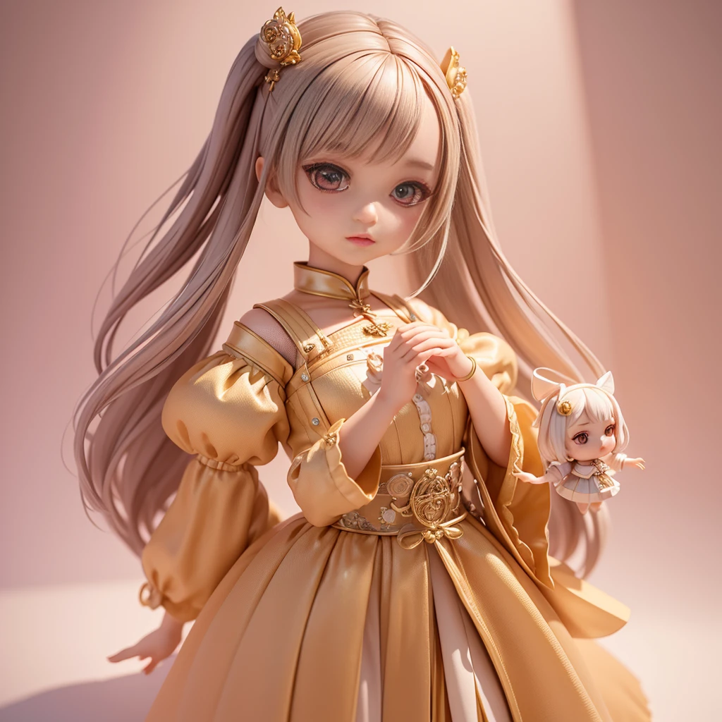 ((最高品質)), ((master-piece)),( Extreme Detail, maximum detail, official art, Beauty and Aesthetics: 1.2), depth, FULL BODY elements, chibi, (Full Body Esbian), (beautiful and detailed eyes: 1),with a small doll、Very cute detailed presentation with 3D rendering technology.、It is a stylish expression of digital art.。Cute anime girl 3D render、 Stylish rendering that features cute ceramic dolls and highly detailed fantasy characters at the same time.、All presented in stylish 3D renderings.。