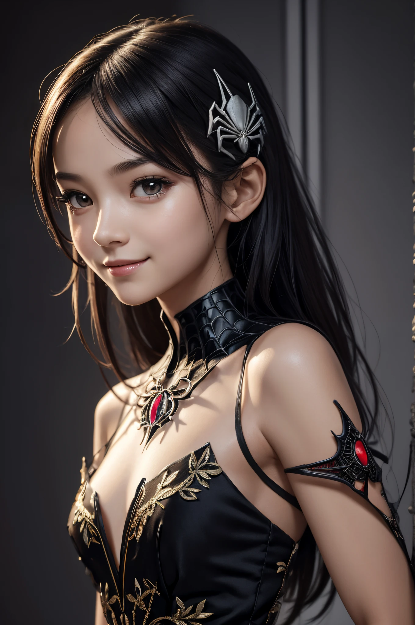8K,((Best Quality)), ((masutepiece)), ((Realistic)), personification of a young spider, old girl, artistic anatomic hands, Artistic anatomy, Black eyes, Female face, , Trending on ArtStation, Sharp Focus, studio, Intricate details, Very detailed, Detailed eyes, Illustration, Very detailed, Sharp Focus, a digital rendering, Professional, 8K Beautiful expression 超A high resolution very small breasts,real looking skin,spider dress,gorgeous dress,Mischievous smile,spider-shaped hair ornament,Spider crest,Precise heraldic work,10yearsrl,