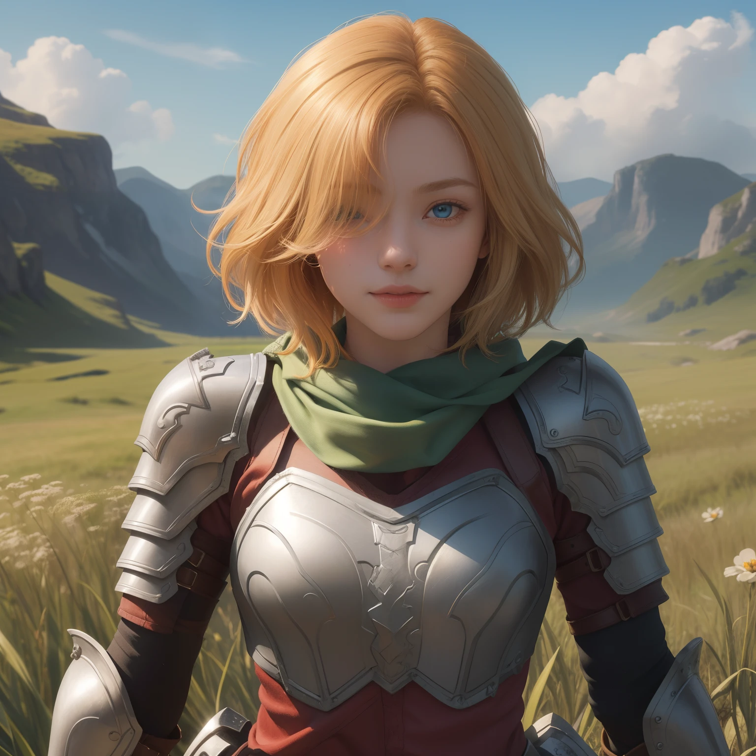 (({{masterpiece,best quality,ultra-detailed}})) 1girl, grass field,flower,wariza,looking at viewer,blonde short hair, armor, red hair band, breastplate,shoulder armor, bangs , (armor boots),boots ,, green scarf ,armored boots,upper body, hair over one eye ,hair over one eye ,blue eyes ,gloves ,holding ,pantyhose ,