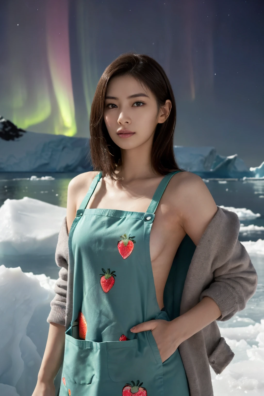 ((masutepiece:1.4, Best Quality)), (photos realistic:1.4), ((1girl in)), 
(超A high resolution:1.2), Extremely delicate and beautiful, amazing, tome&#39;It's okay, the Extremely Detailed CG Unity 8K Wallpapers, Ultra-detailed, High resolution, Soft light, 
Beautiful detailed girl, extremely detailed eye and face, beautiful detailed nose, Beautiful detailed eyes, 
(She is naked and wearing a strawberry print apron、I&#39;m wearing a down coat on top.:1.4), (Please open your coat and show me your apron...:1.5), Lustrous black hair, Taut, 
Cinematic lighting, Perfect Anatomy, 
Slender body, (Standing in front of an iceberg in Antarctica at night:1.3), (Aurora Borealis in the Night Sky:1.3), Cute poses, Cowboy Shot