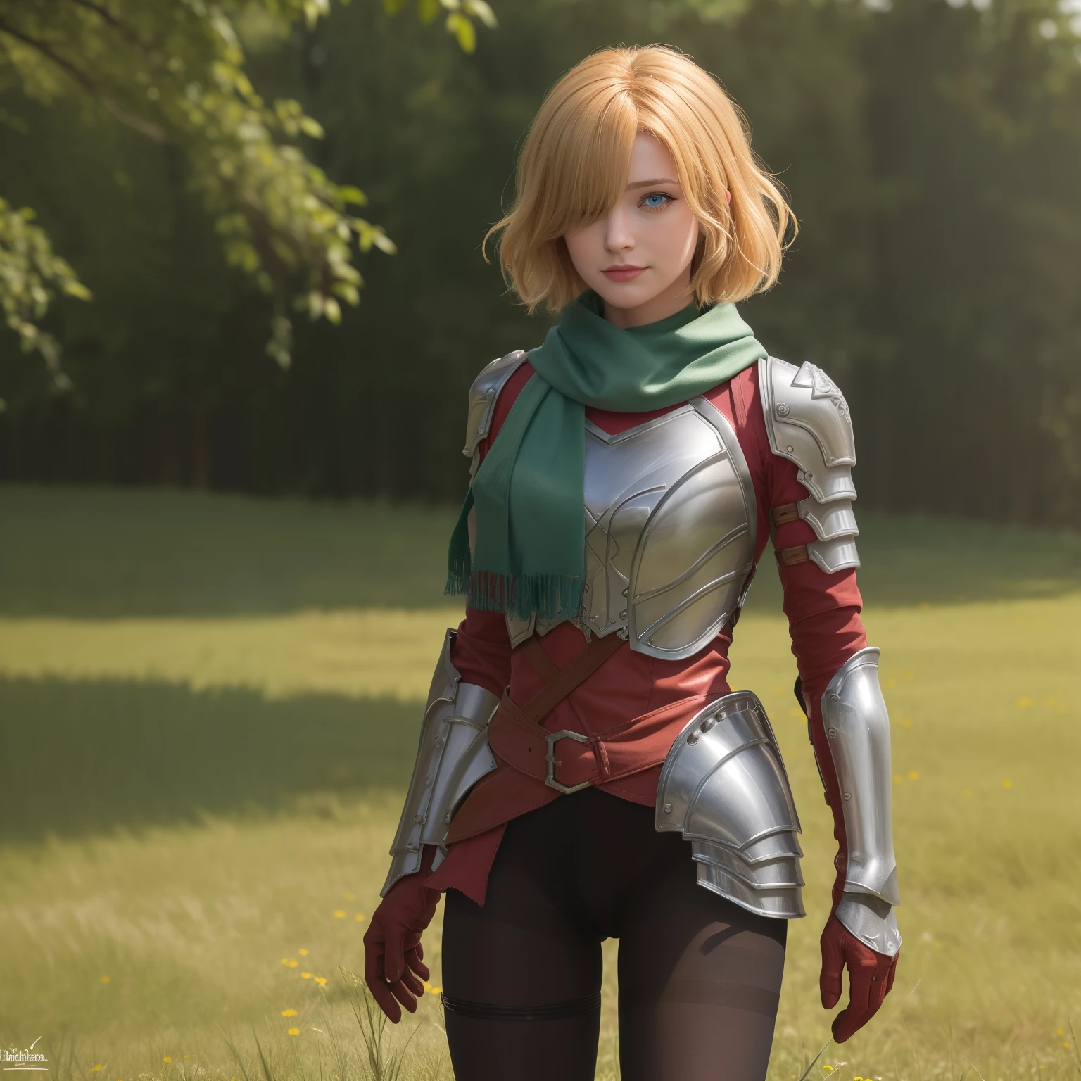 (({{masterpiece,best quality,ultra-detailed}}))  1girl, grass field,flower,wariza,looking at viewer,blonde short hair, armor, red hair band, breastplate,shoulder armor, bangs , (armor bootoots ,, green scarf ,armored boots,upper body, hair over one eye ,hair over one eye ,blue eyes ,gloves ,holding ,pantyhose ,