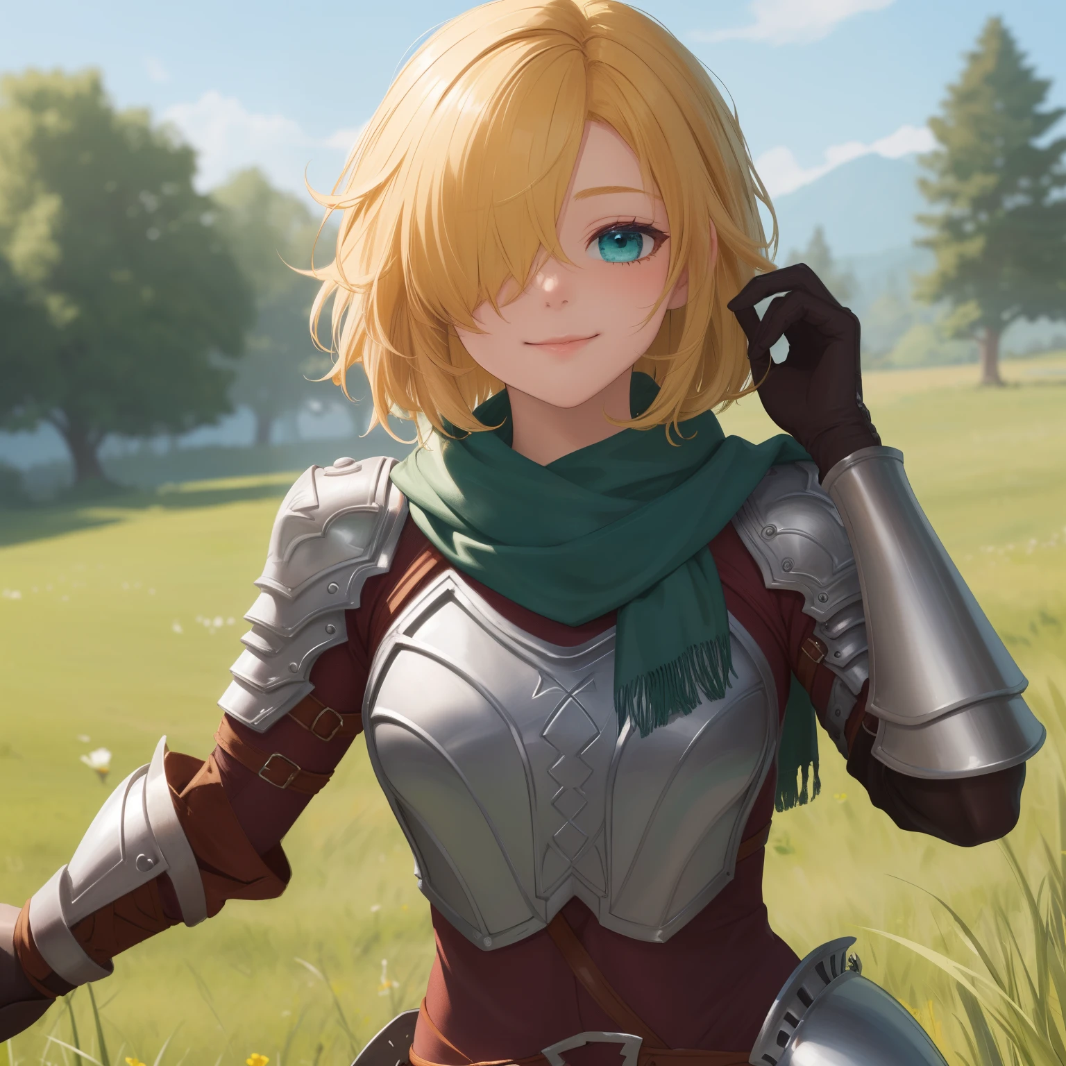 (({{masterpiece,best quality,ultra-detailed}}))  1girl, grass field,flower,wariza,looking at viewer,blonde short hair, armor, red hair band, breastplate,shoulder armor, bangs , (armor bootoots ,, green scarf ,armored boots,upper body, hair over one eye ,hair over one eye ,blue eyes ,gloves ,holding ,pantyhose ,