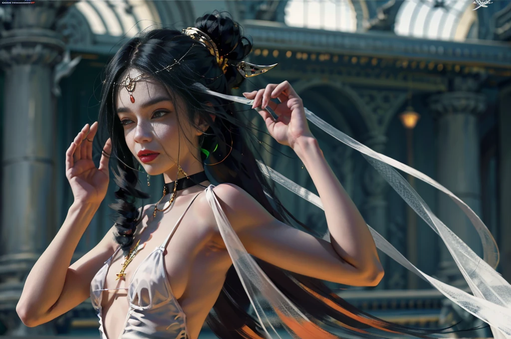 1girll, 独奏, long whitr hair, looking at viewert, with her mouth open, brunette color hair, shift dresses, jewely, Green eyes, The upper part of the body, 耳Nipple Ring, parted lip, teeth, choker necklace, The artist's name, Hand lift, choker necklace, black color dresangle, cparted liploating hair, watermarked, Nipple Ring, ventania, Pedras preciosareckle, circle of the crone, Redlip, head chain,
Heterochromia, blur backgroun, Foggy background, (rim-light:1.2), (The light from the back window is backlighted:1.2), albedo ray,