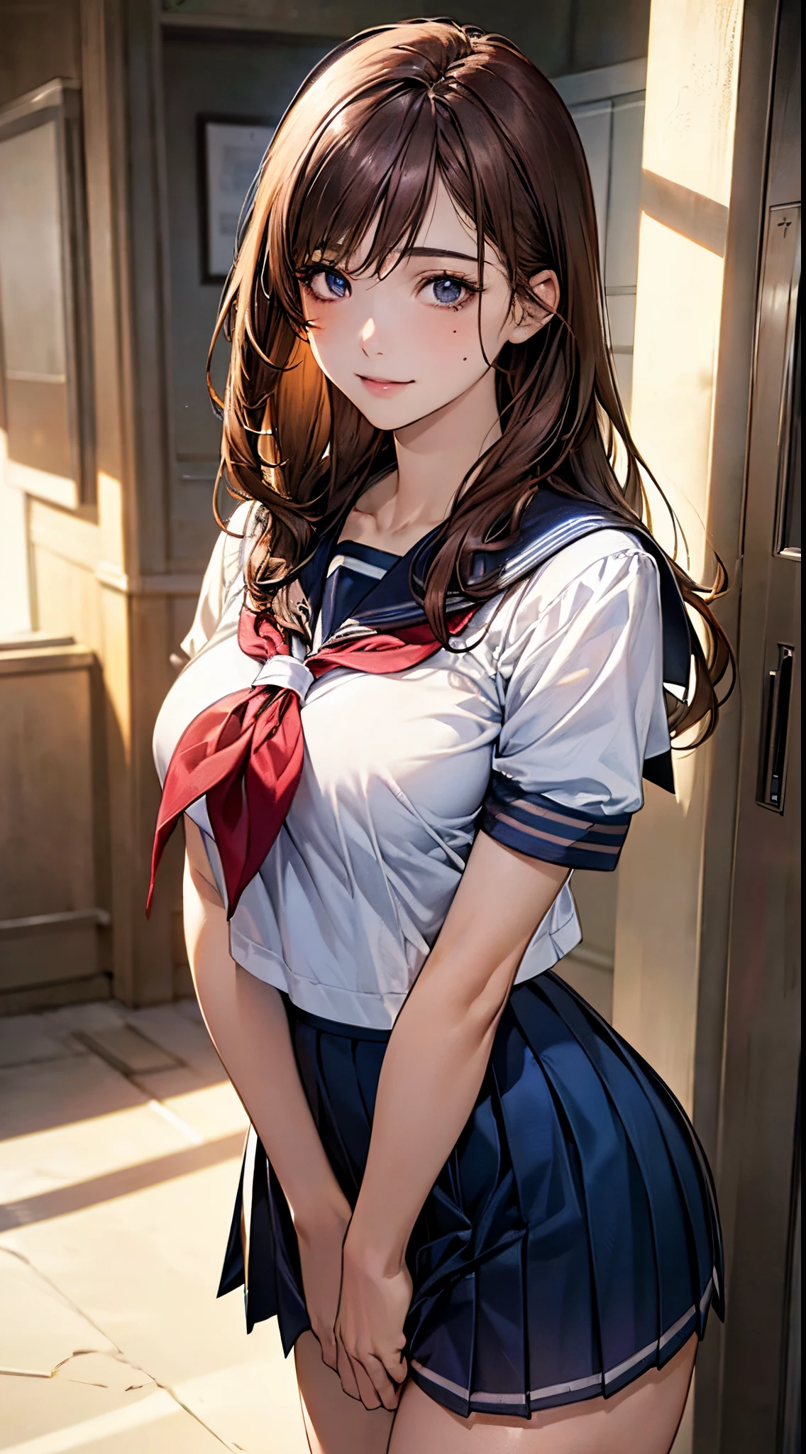 (((perfect ???????, anatomically correct, super detailed skin))), 1 girl, japanese, high school girl, from front, shiny skin, watching the viewer,
detailed hair, detailed face, detailed eyes, (long hair:1.5, brunette hair:1.7), bangs, hair between eye, light brown hair, blue eyes, babyface, mole under eye, lip gloss,
beautiful clavicle, beautiful body, beautiful breasts, large breasts:0.5, beautiful thighs, beautiful legs, camel toe,
((detailed cloth texture, short sleeves, all dark blue cute sailor suit, dark blue pleated skirt, dark blue sailor collar, red sailor scarf, white socks, brown loafers)), white panties, seductive thigheautiful scenery), summer, school hallway, smile, walking,
(8k, top quality, masterpiece:1.2, extremely detailed), (realistic, photorealistic:1.4), beautiful illustration, natural lighting,