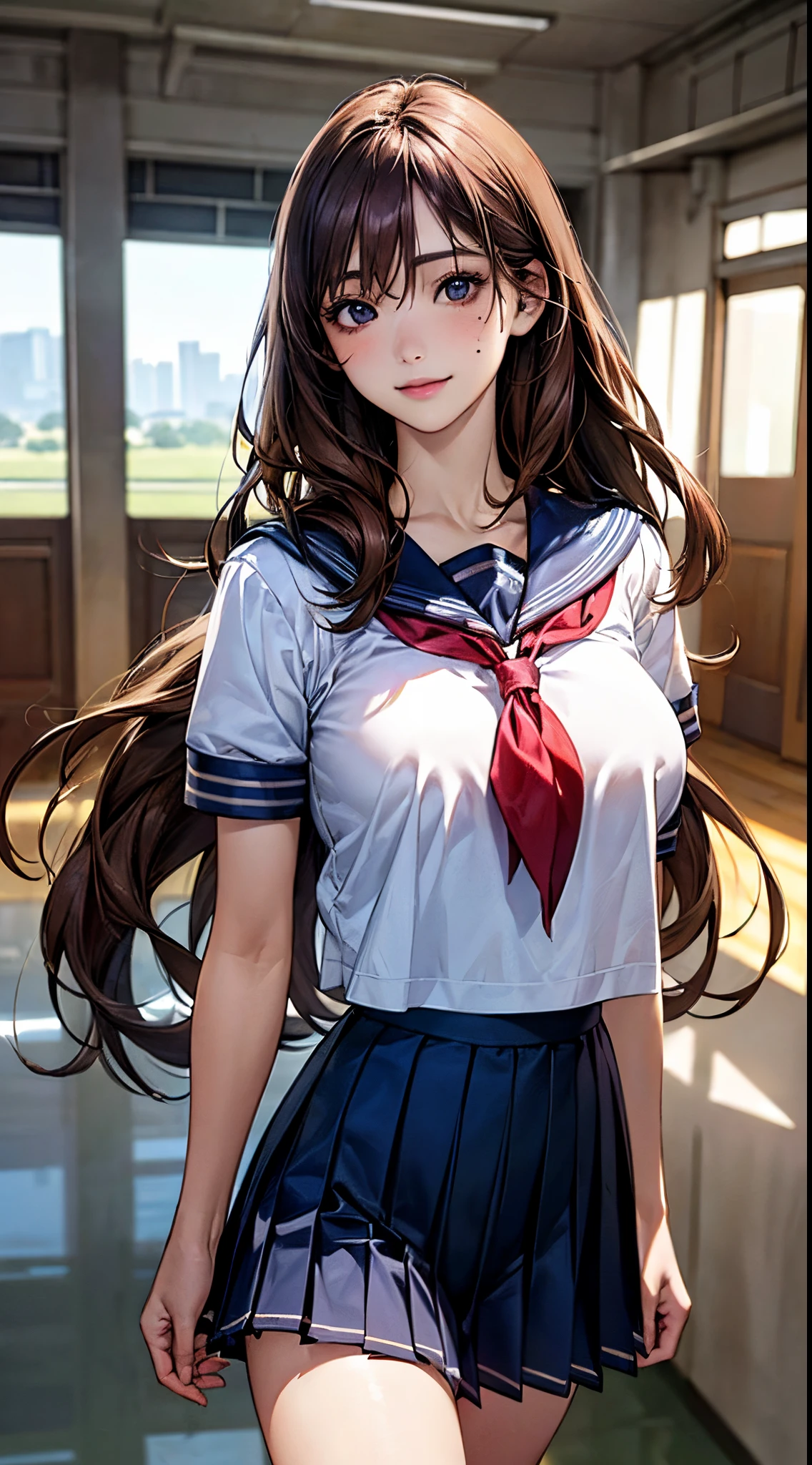 (((perfect anatomy, anatomically correct, super detailed skin))), 1 girl, japanese, high school girl, from front, shiny skin, watching the viewer, 
detailed hair, detailed face, detailed eyes, (long hair:1.5, brunette hair:1.7), bangs, hair between eye, light brown hair, blue eyes, babyface, mole under eye, lip gloss, 
beautiful clavicle, beautiful body, beautiful breasts, large breasts:0.5, beautiful thighs, beautiful legs, camel toe, 
((detailed cloth texture, short sleeves, all dark blue cute sailor suit, dark blue pleated skirt, dark blue sailor collar, red sailor scarf, white socks, brown loafers)), white panties, seductive thigheautiful scenery), summer, school hallway, smile, walking, 
(8k, top quality, masterpiece​:1.2, extremely detailed), (realistic, photorealistic:1.4), beautiful illustration, natural lighting,