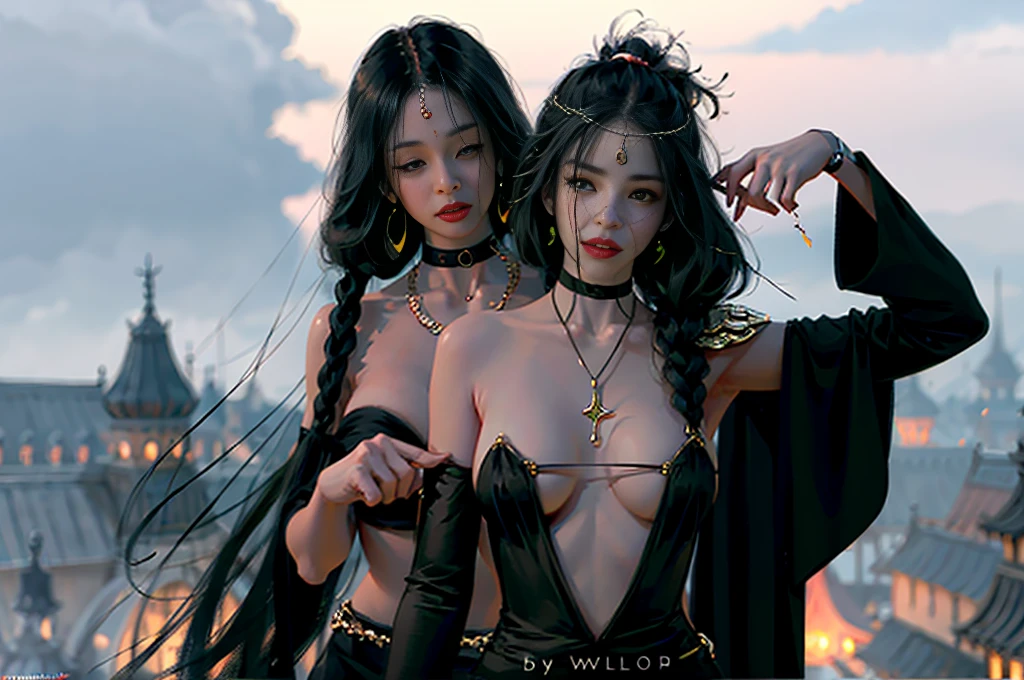 1个Giant Breast Girl， 独奏， Long gray hair， looking at viewert， with her mouth open， black hair color hair， Straight dress， jewely， green-eyed， upper part of body， ear nipple ring， Open lips， teeth， choker necklace， artistname， manual lift， choker necklace， Black trim， Parted lip gloss hair， watermarked， Nipple Ring， ventania， Pedras Puciosarekler， old woman&#39;s circle， Redlip， head chain，
 Heterochromia， blur backgroun， Foggy background， （rim-light：1.2）， （The light from the rear window is backlit：1.2）， albedo ray，