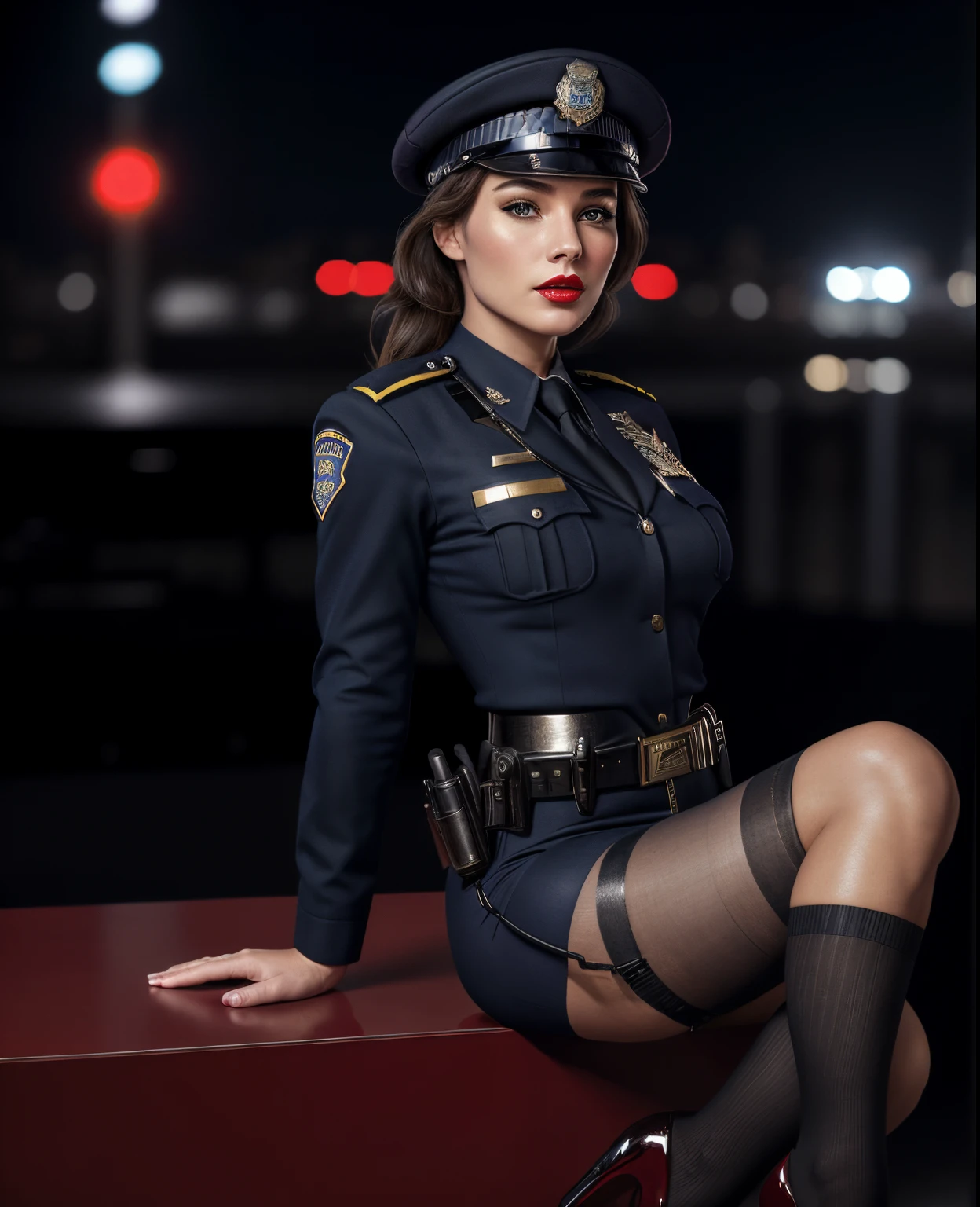 Solo, (Police Uniform, Policewoman), Stockings, City Lights, (Looking at the audience: 1.3), Lips Apart, Red Lips, Shiny Skin, Skin Dents, Best Quality, Ultra High Resolution, (Realism: 1.4),