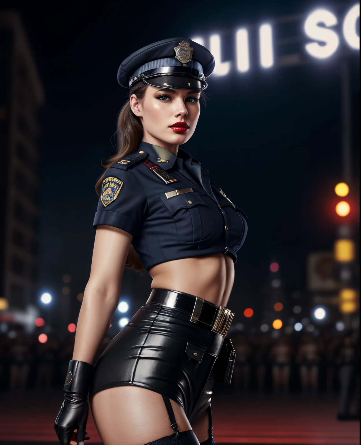 Solo, (Police Uniform, Policewoman), Stockings, City Lights, (Looking at the audience: 1.3), Lips Apart, Red Lips, Shiny Skin, Skin Dents, Best Quality, Ultra High Resolution, (Realism: 1.4),