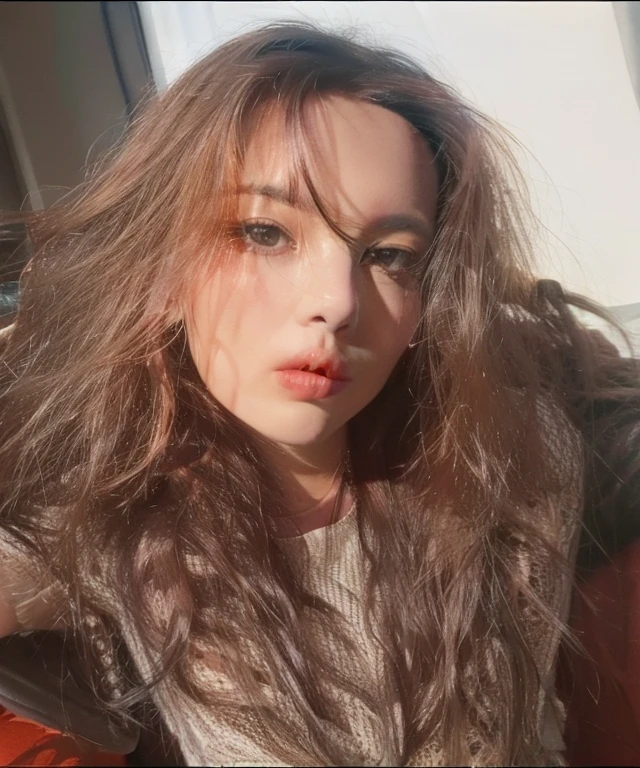 There's a woman with long hair sitting on a couch, com cabelos longos, No estilo de Petra Collins, jovem com cabelo longo, androgynous person, tirada na hora dourada, foto de perfil, com longos cabelos cacheados, androgynous face, beautiful androgynous girl, portrait androgynous girl, long messy curly hair, hard lighting!, foto do perfil