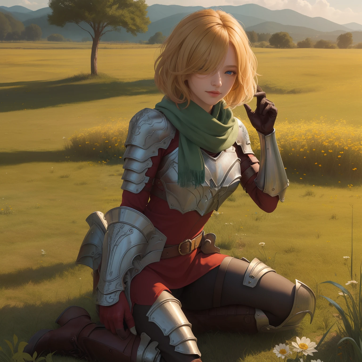 (({{masterpiece,best quality,ultra-detailed}})) 1girl, grass field,flower,wariza,looking at viewer,blonde short hair, armor, red hair band, breastplate,shoulder armor, bangs , (armor boots),boots ,, green scarf ,armored boots,upper body, hair over one eye ,hair over one eye ,blue eyes ,gloves ,holding ,pantyhose ,