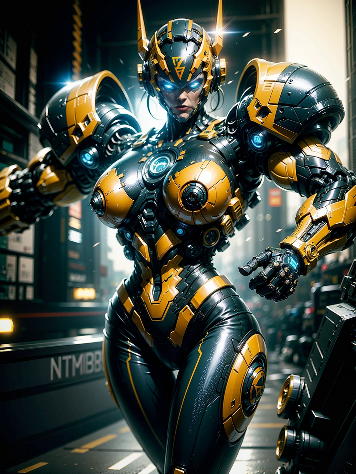 megan fox), Cinematic, hyper-detailed, black muscles with neon veins, perfect muscular anatomy of a bald super muscular female android girl. Beautiful color grading, enhancing the overall cinematic feel. Unreal Engine renders her anatomic cybernetic muscle suit to life; mesmerizing. With depth of field (DOF), every detail is focused and accentuated, drawing attention to her eyes and the intricate design of the anatomic cybernetic muscle suit . Max image resolution, using super-resolution technology to ensure pixel perfection. Cinematic lighting enhances her aura, while anti-aliasing techniques like FXAA and TXAA keep the edges smooth and clean. Realistic raytracing with RTX technology for perfect rendering of the anatomic cybernetic muscle suit. Additionally, SSAO (Screen Space Ambient Occlusion) gives depth and realism to the scene, the girl's anatomic cybernetic muscle suit become even more realistic. In the post-processing and post-production stages, tone mapping enhancement creates a captivating visual experience. The integration of CGI (Computer-Generated Imagery) and VFX (Visual Effect brings out the anatomic cybernetic muscle suit's intricate features seamlessly. Incredible detail with, with intricate hyper maximalist and hyper-realistic elements meticulously crafted into the artwork. Volumetric effects add depth and dimension, with unparalleled photorealism. 8K image resolution render, ensuring super-detailed visuals. The volumetric lightning adds a touch of magic, highlighting her beauty and the aura of her anatomic cybernetic muscle suit in an otherworldly way. High Dynamic Range (HDR) technology makes the colors pop, adding richness to the overall composition. Ultimately, this artwork presents an unreal portrayal of a super muscled cybernetic female android