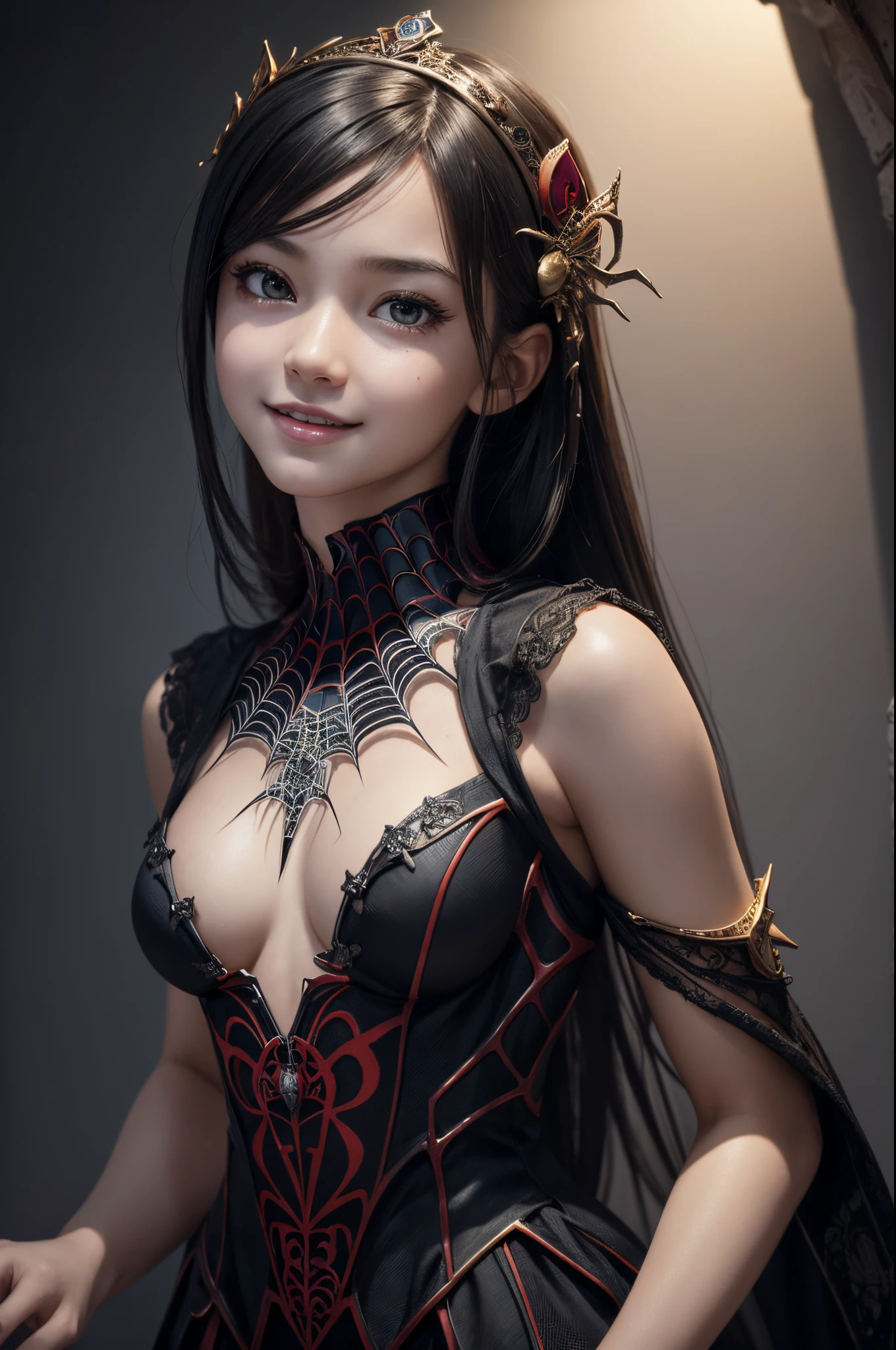8K,((Best Quality)), ((masutepiece)), ((Realistic)), personification of a young spider, old girl, artistic anatomic hands, Artistic anatomy, Black eyes, Female face, , Trending on ArtStation, Sharp Focus, studio, Intricate details, Very detailed, Detailed eyes, Illustration, Very detailed, Sharp Focus, a digital rendering, Professional, 8K Beautiful expression 超A high resolution very small breasts,real looking skin,spider dress,gorgeous dress,Mischievous smile,spider-shaped hair ornament,Spider crest,Precise heraldic work,10yearsrl,