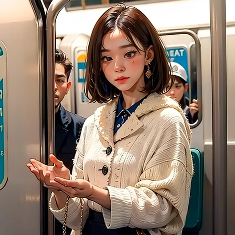 (Masterpiece, best quality, photography, extreme close up shot, shot from below, 100mm lens, ISO:0.5) , (crowded subway train:1, extremely high detail, intricate details), young boy 1 grab lap, aespa winter wearing fall ootd, (ambient lighting, under exposure:1.8, UHD, 8K)