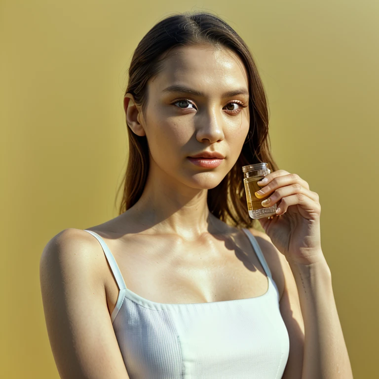 uma mulher segurando exuberante frasco de perfume, cinemactic, fotografia profissional, studio illumination, studio background, advertising photography, detalhes intrincados, hiper-detalhado, Ultra realista, 8k UHD