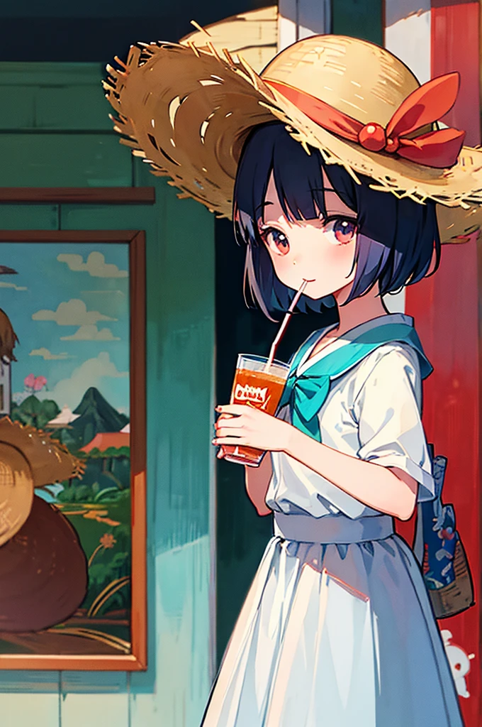 Anime girl holding straw hat holding drink and straw hat, Animated paintings inspired by Yumeji Takehisa, pixiv, Folk art, Anime visuals of a cute girl, Anime cute art style, anime girls drink Energy drink, style of anime, style of anime, cute anime style, With a straw hat, lovely art style