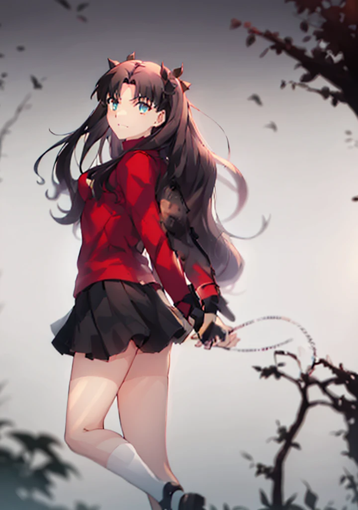 ​masterpiece, top-quality,1girl in, tohsaka-rin, 独奏, The long-haired, thighs thighs thighs thighs, Black skirt, blue eyess, twosideup, A dark-haired, Black stockings, red turtleneck shirt