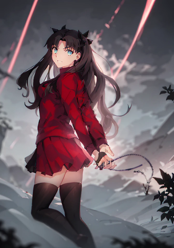 ​masterpiece, top-quality,1girl in, tohsaka-rin, 独奏, The long-haired, thighs thighs thighs thighs, Black skirt, blue eyess, twosideup, A dark-haired, Black stockings, red turtleneck shirt