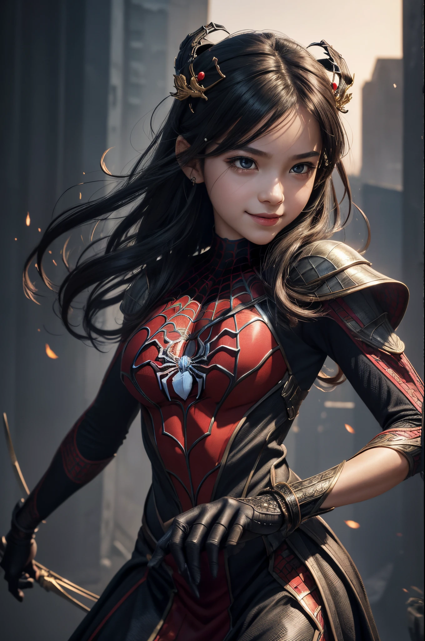8K,((Best Quality)), ((masutepiece)), ((Realistic)), personification of a young spider, 10years old girl, artistic anatomic hands, Artistic anatomy, Black eyes, Female face, , Trending on ArtStation, Sharp Focus, studio, Intricate details, Very detailed, Detailed eyes, Illustration, Very detailed, Sharp Focus, a digital rendering, Professional, 8K Beautiful expression 超A high resolution very small breasts,real looking skin,spider dress,gorgeous dress,Mischievous smile,spider-shaped hair ornament,Spider crest,Precise heraldic work,10years old girl,combat scene,action scene,realistic combat,actionpose,