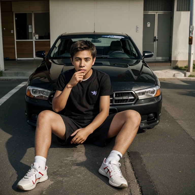 boy teenager sitting on a jdm car