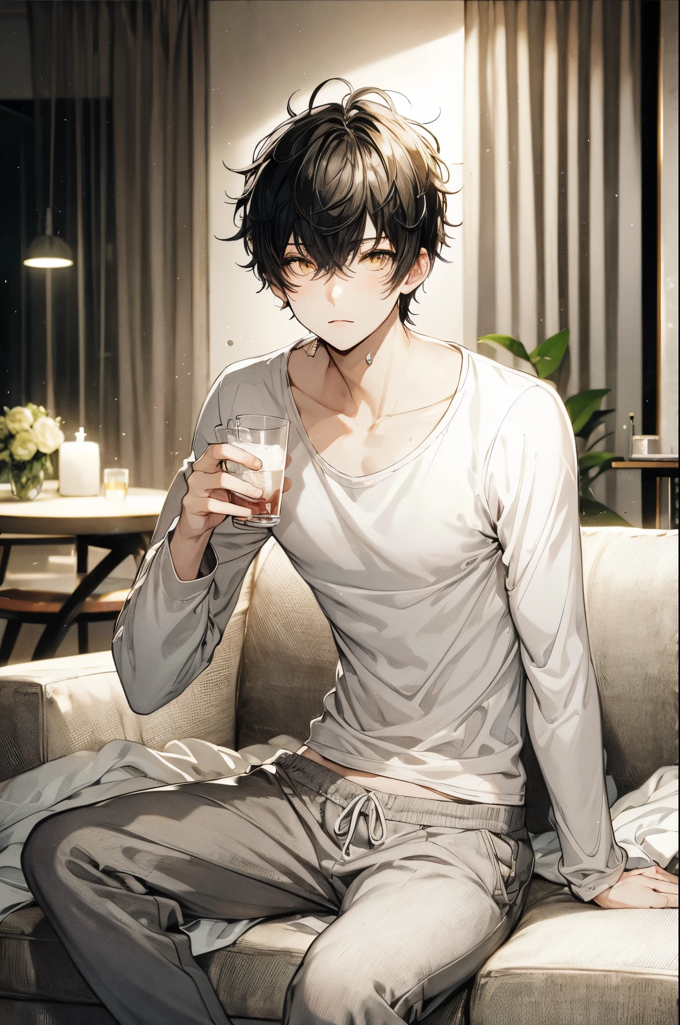 young man, black hair, short hair, yellow eyes, frizzy hair, plain, white, long-sleeved, T-shirt, sweatpants, drinking, couch, wet hair, after bath, towel, over shoulder, stylish home, night, Natural Lighting, Night time, indirect lighting, Japanese anime, Clear line drawing, transparent watercolor, clear shading, high quality, detailed, Pixiv illustration,