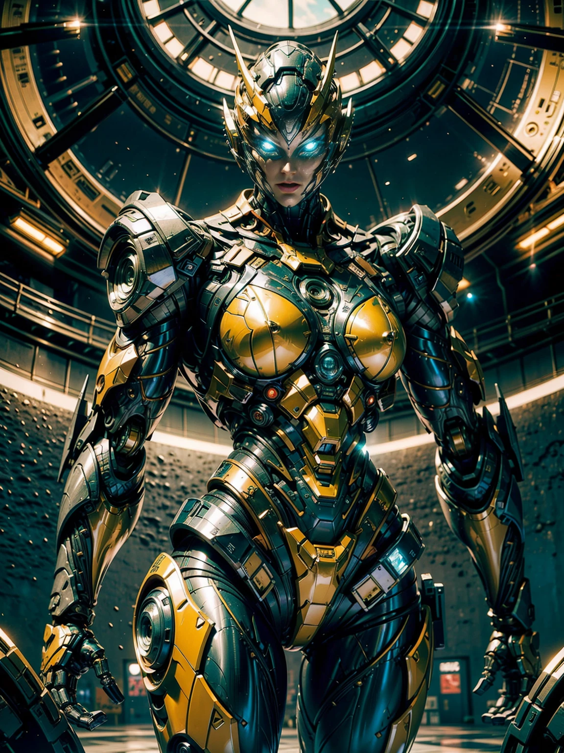 megan fox), Cinematic, hyper-detailed, black muscles with neon veins, perfect muscular anatomy of a bald super muscular female android girl. Beautiful color grading, enhancing the overall cinematic feel. Unreal Engine renders her anatomic cybernetic muscle suit to life; mesmerizing. With depth of field (DOF), every detail is focused and accentuated, drawing attention to her eyes and the intricate design of the anatomic cybernetic muscle suit . Max image resolution, using super-resolution technology to ensure pixel perfection. Cinematic lighting enhances her aura, while anti-aliasing techniques like FXAA and TXAA keep the edges smooth and clean. Realistic raytracing with RTX technology for perfect rendering of the anatomic cybernetic muscle suit. Additionally, SSAO (Screen Space Ambient Occlusion) gives depth and realism to the scene, the girl's anatomic cybernetic muscle suit become even more realistic. In the post-processing and post-production stages, tone mapping enhancement creates a captivating visual experience. The integration of CGI (Computer-Generated Imagery) and VFX (Visual Effect brings out the anatomic cybernetic muscle suit's intricate features seamlessly. Incredible detail with, with intricate hyper maximalist and hyper-realistic elements meticulously crafted into the artwork. Volumetric effects add depth and dimension, with unparalleled photorealism. 8K image resolution render, ensuring super-detailed visuals. The volumetric lightning adds a touch of magic, highlighting her beauty and the aura of her anatomic cybernetic muscle suit in an otherworldly way. High Dynamic Range (HDR) technology makes the colors pop, adding richness to the overall composition. Ultimately, this artwork presents an unreal portrayal of a super muscled cybernetic female android