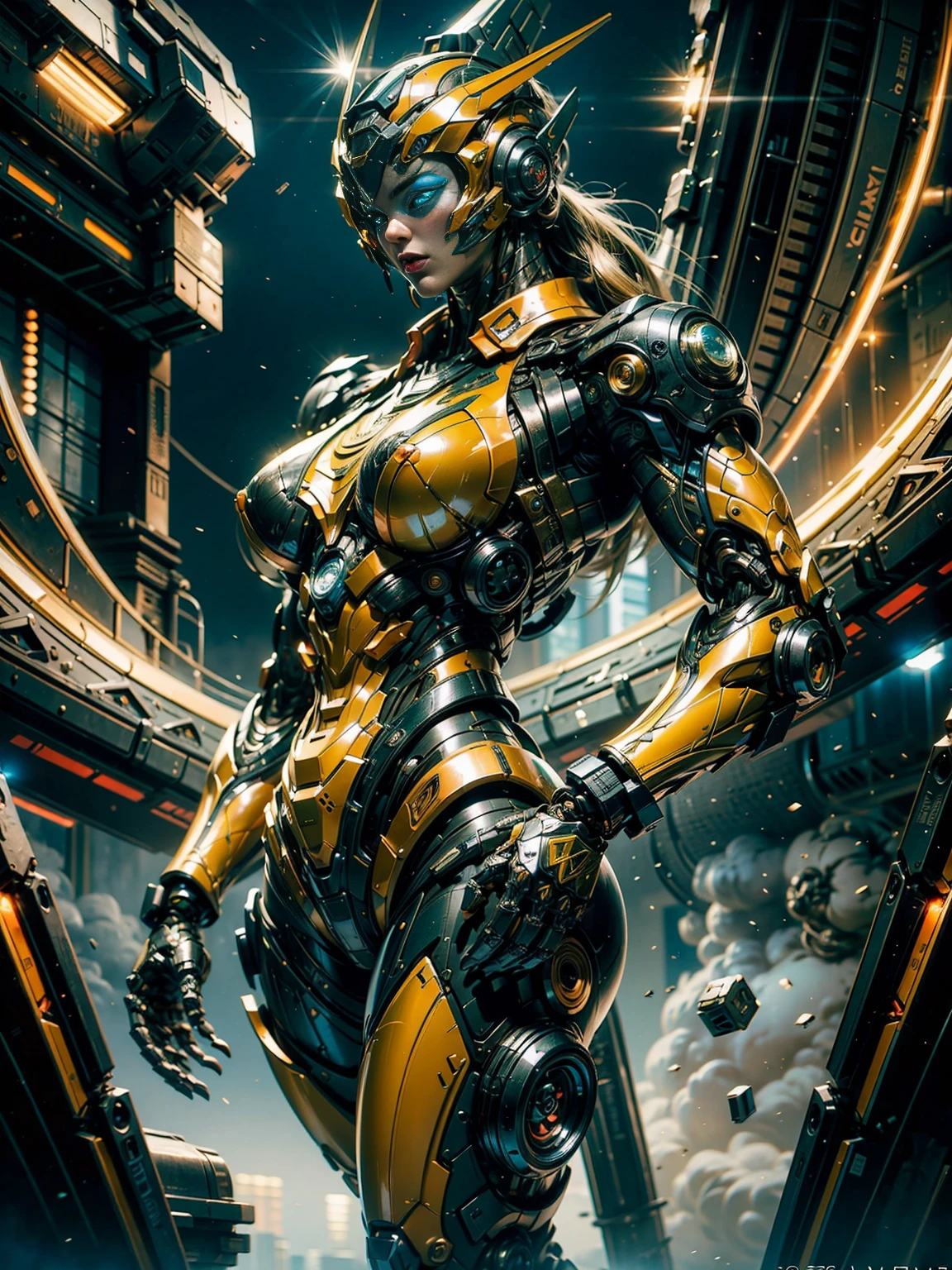 megan fox), Cinematic, hyper-detailed, black muscles with neon veins, perfect muscular anatomy of a bald super muscular female android girl. Beautiful color grading, enhancing the overall cinematic feel. Unreal Engine renders her anatomic cybernetic muscle suit to life; mesmerizing. With depth of field (DOF), every detail is focused and accentuated, drawing attention to her eyes and the intricate design of the anatomic cybernetic muscle suit . Max image resolution, using super-resolution technology to ensure pixel perfection. Cinematic lighting enhances her aura, while anti-aliasing techniques like FXAA and TXAA keep the edges smooth and clean. Realistic raytracing with RTX technology for perfect rendering of the anatomic cybernetic muscle suit. Additionally, SSAO (Screen Space Ambient Occlusion) gives depth and realism to the scene, the girl's anatomic cybernetic muscle suit become even more realistic. In the post-processing and post-production stages, tone mapping enhancement creates a captivating visual experience. The integration of CGI (Computer-Generated Imagery) and VFX (Visual Effect brings out the anatomic cybernetic muscle suit's intricate features seamlessly. Incredible detail with, with intricate hyper maximalist and hyper-realistic elements meticulously crafted into the artwork. Volumetric effects add depth and dimension, with unparalleled photorealism. 8K image resolution render, ensuring super-detailed visuals. The volumetric lightning adds a touch of magic, highlighting her beauty and the aura of her anatomic cybernetic muscle suit in an otherworldly way. High Dynamic Range (HDR) technology makes the colors pop, adding richness to the overall composition. Ultimately, this artwork presents an unreal portrayal of a super muscled cybernetic female android