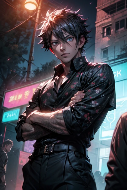 Outdoors, Natsu Dragneel mature male, wearing black and red floral shirt, wearing black dress pants, blue eyes, glowing eyes, short hair, grey skin, club environment, night, blue neon signs, 8k, Unreal engine, highly detailed, photorealistic,