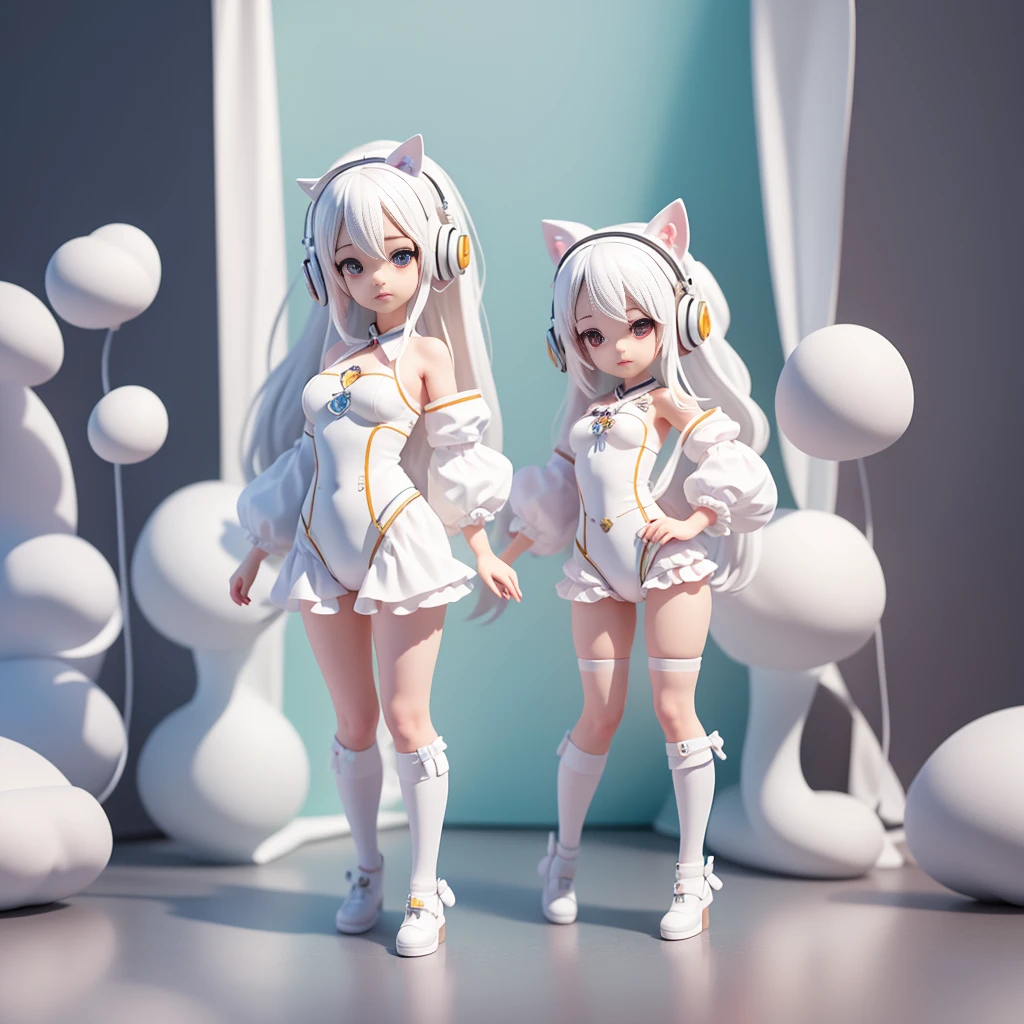 masterpiece, bestquality, lots of details, (Full body:1.2), chibi, 1 dog, White Hair, magic suit, Light headphones, 3D rendering, Q typing style