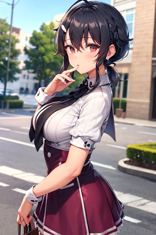 (best quality), high resolution, ((masterpiece)), 4k, portrait, ((from side)), (upper body), ((1girl)), (((detailed black hair tied in low ponytail))), ((((hime cut hairstyle)))), (snowflake shaped hairclip), ((bright violet eyes)), slim figure, (b-cup breasts), long legs, ((narrow eyes)), (((wearing KuohAcademyUniform))), stoic, cool, elegant, walking, (carrying a bag), trees, school building in the background