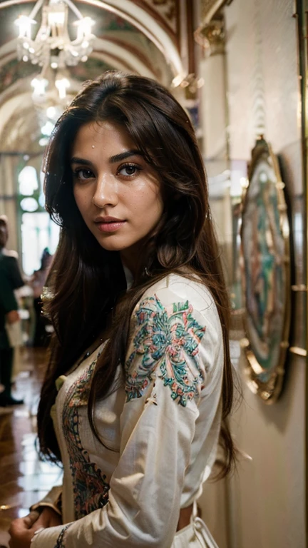 (Best quality, Ultra-detailed, Masterpiece:1.5), Photorealistic photograph of a beautiful pakistani woman .The woman should have a flawless, highly detailed face (Highly Detailed Skin) with soft, luminous skin. Her long hair should be naturally brown and stylishly arranged. (Perfect Eyes:1.2). The photography should feature high-quality film grain (ISO 400, 30mm lens RAW f1.8 aperture.