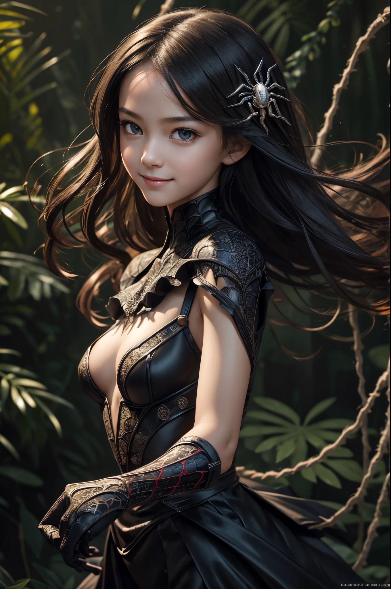 8K,((Best Quality)), ((masutepiece)), ((Realistic)), personification of a young spider,  old girl, artistic anatomic hands, Artistic anatomy, Black eyes, Female face, , Trending on ArtStation, Sharp Focus, studio, Intricate details, Very detailed, Detailed eyes, Illustration, Very detailed, Sharp Focus, a digital rendering, Professional, 8K　Beautiful expression　超A high resolution　very small breasts,real looking skin,spider dress,gorgeous dress,Mischievous smile,spider-shaped hair ornament,Spider crest,Precise heraldic work,10yearsrl,combat scene,action scene,realistic combat,actionpose,In the dimly lit forest,