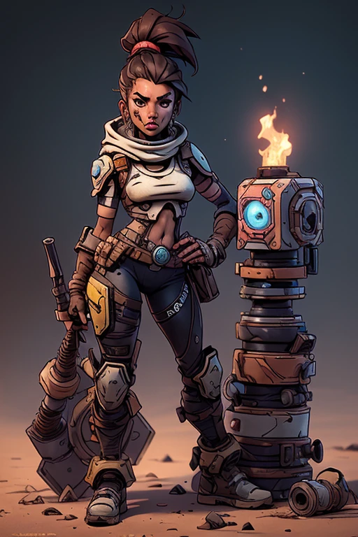 (((sfw, sem roupas, pele escura))), (((sfw, scientific fiction, pele escura, desenho de linha, aquarela))), with first person view high definition character art, personagem negra do jogo Borderlands, cabelo preto preso, First-person view, pronta para enfrentar seus inimigos, behind her a futuristic desert, personagem do jogo Borderlands. Esta imagem de alta qualidade, renderizada em 8K Ultra HD, mostra detalhes intrincados da cena. obra-prima aprimorada digitalmente ou pintada com requinte, scientific fiction, postura ativa, estilo de quadrinhos, post-apocalyptic fashion