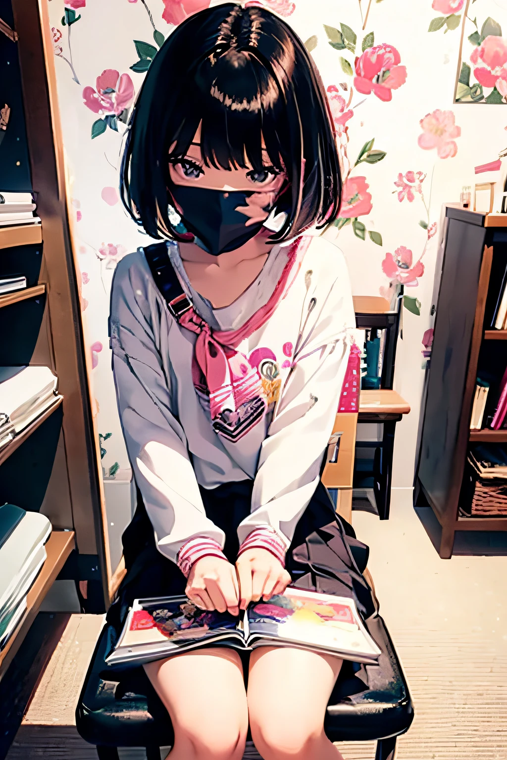 {{{{{{Sit on a chair、 holding a colorful open book in his hands}}}}}}、A dark-haired、Black eye、Bob cut hairstyle with even ends、Cut the bangs parallel to each other、 Girly plain clothes、tiny chest、Happy smile、Laughing mouth、red tide、 {{{{{{Background is a girl's room}}}}}}、floral pink wallpaper、White carpet、Clean room、new furniture、hight resolution、Unity 8k壁纸、Professional、extra detailed face、Perfect Lighting、 extremely details CG、(Perfect hands、Perfect Anatomy)、Serious girl、Quiet girl、eyes look at the book