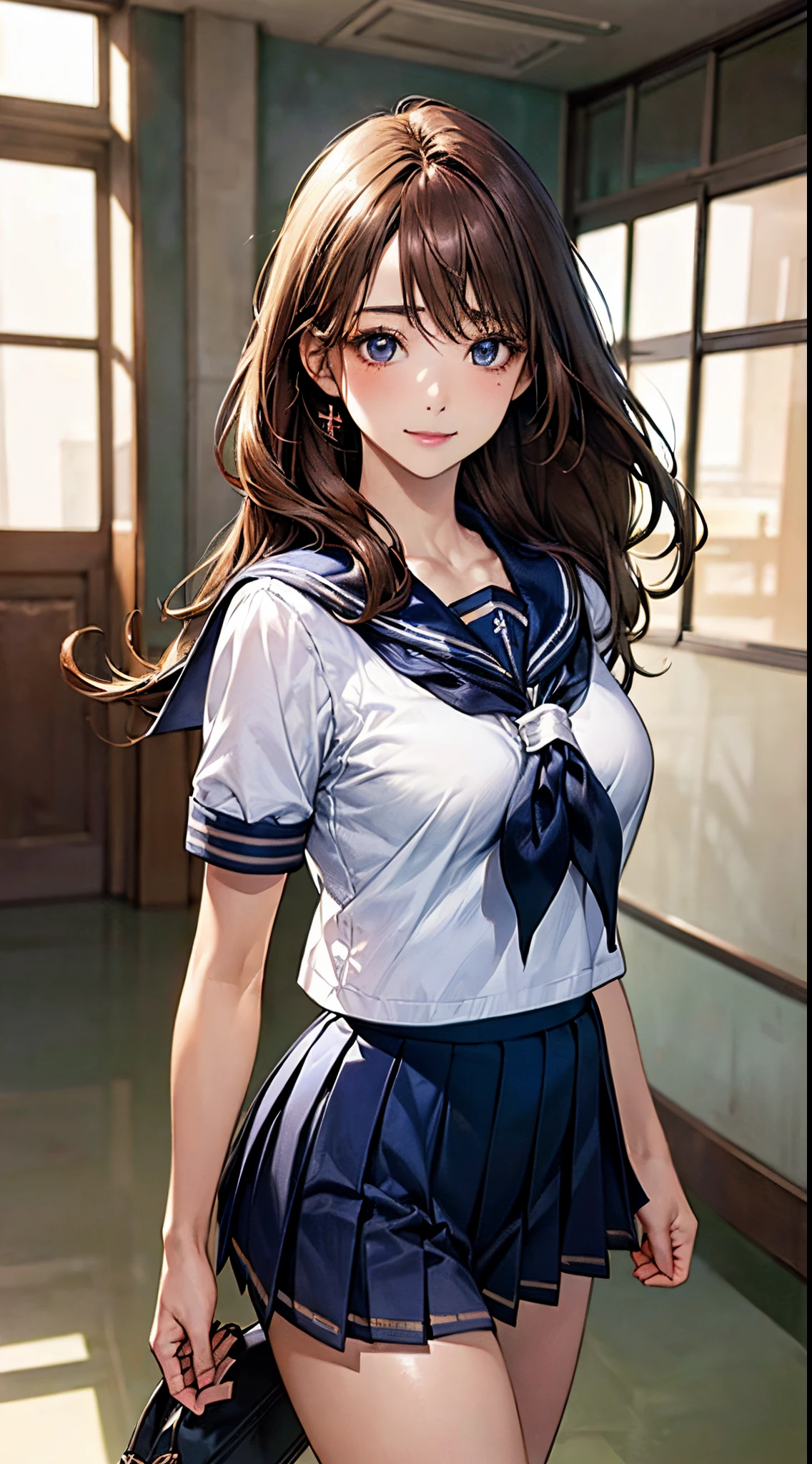 (((perfect anatomy, anatomically correct, super detailed skin))), 1 girl, japanese, high school girl, from front, shiny skin, watching the viewer, 
detailed hair, detailed face, detailed eyes, (long hair:1.5, brunette hair:1.7), bangs, hair between eye, light brown hair, blue eyes, babyface, mole under eye, lip gloss, 
beautiful clavicle, beautiful body, beautiful breasts, large breasts:0.5, beautiful thighs, beautiful legs, camel toe, 
((detailed cloth texture, short sleeves, all dark blue cute sailor suit, dark blue pleated skirt, dark blue sailor collar, red sailor scarf, white socks, brown loafers)), white panties, seductive thighs, 
(beautiful scenery), summer, school hallway, smile, walking, 
(8k, top quality, masterpiece​:1.2, extremely detailed), (realistic, photorealistic:1.4), beautiful illustration, natural lighting,