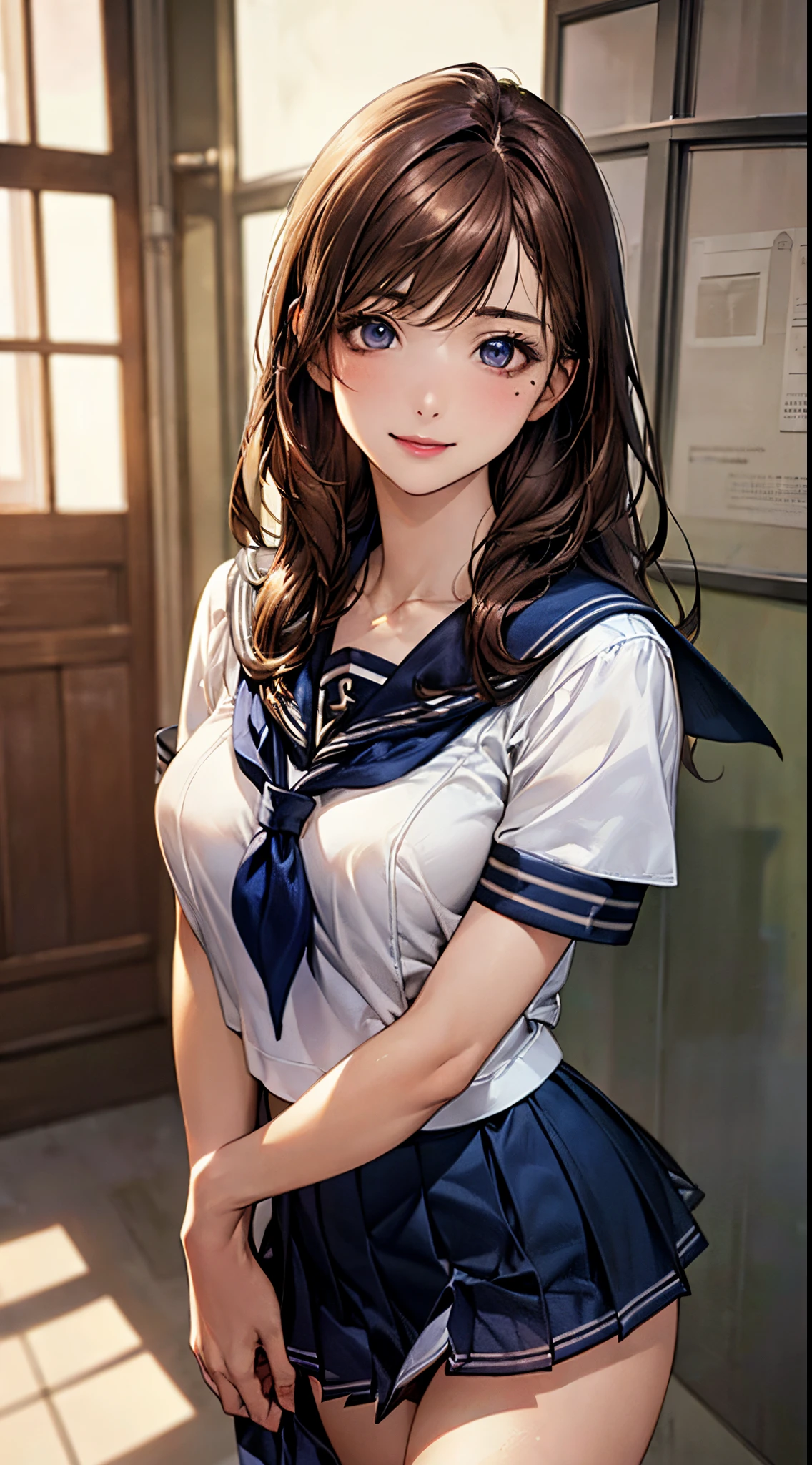 (((perfect anatomy, anatomically correct, super detailed skin))), 1 girl, japanese, high school girl, from front, shiny skin, watching the viewer, 
detailed hair, detailed face, detailed eyes, (long hair:1.5, brunette hair:1.7), bangs, hair between eye, light brown hair, blue eyes, babyface, mole under eye, lip gloss, 
beautiful clavicle, beautiful body, beautiful breasts, large breasts:0.5, beautiful thighs, beautiful legs, camel toe, 
((detailed cloth texture, short sleeves, all dark blue cute sailor suit, dark blue pleated skirt, dark blue sailor collar, red sailor scarf, white socks, brown loafers)), white panties, seductive thighs, 
(beautiful scenery), summer, school hallway, smile, walking, 
(8k, top quality, masterpiece​:1.2, extremely detailed), (realistic, photorealistic:1.4), beautiful illustration, natural lighting,