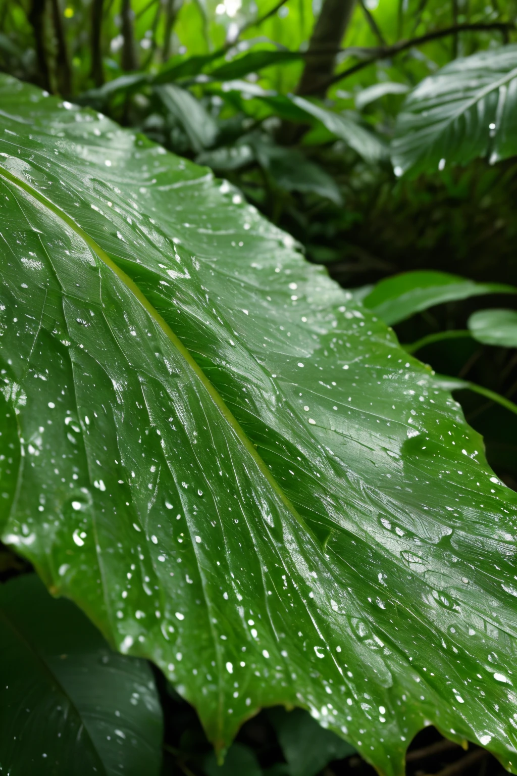 Closeup a Leaves:100%, at a deep jungle after rain, wet, mystic, morning, (reallistic:1.2), (masterpiece, best quality, high quality, highres), raw, bokeh, sharp focus , photo realistic, realism, UHD, (masterpiece), detailed skin texture, (blush:0.5), (goosebumps:0.5), subsurface scattering