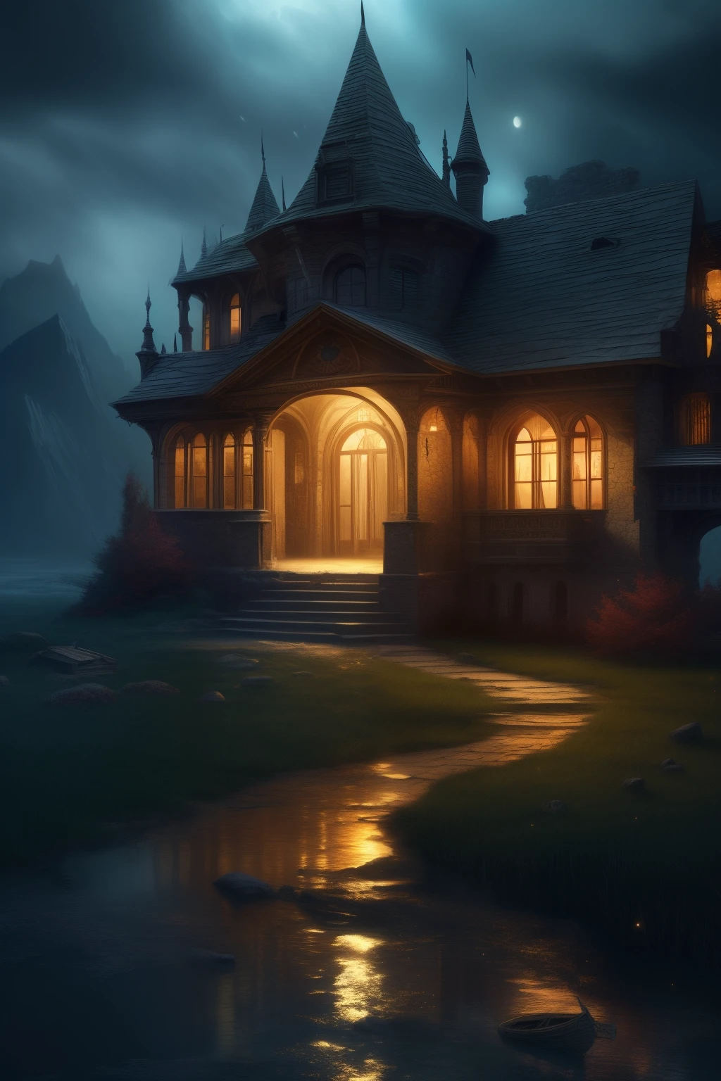 best quality, highres,masterpiece:1.2,ultra-detailed,realistic:1.37,dark,night,haunting atmosphere,sinister lighting,ethereal,princess of darkness,corrupted,castle,mountain,mystery,dark magic,destruction,kingdom,loneliness,drama,fantasy,regal,luxurious,decadent,enchanting