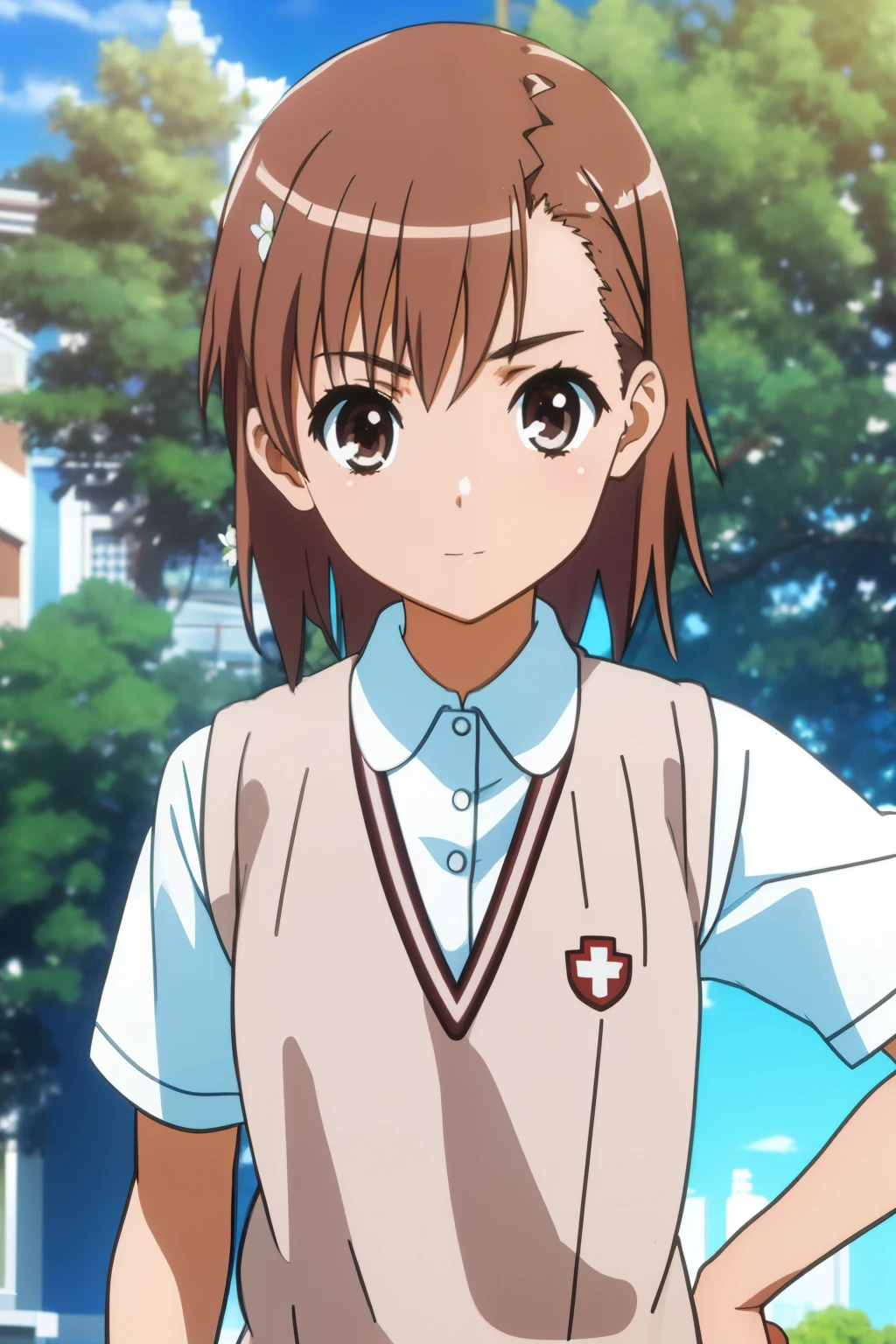 ​masterpiece, top-quality, Misaka_mikoto, Brown-eyed, Short hair, tiny chest, 独奏, Closed mouth, Collared shirt, School uniform, The shirt, white  shirt, Sleeveless Cardigan, Gray skirt, (white flower hairpin on the left side of the hair:1.2), (Realistic), (Photorealistic), 1girl in, Looking at Viewer, Walking, close up, Pose with hands on hips