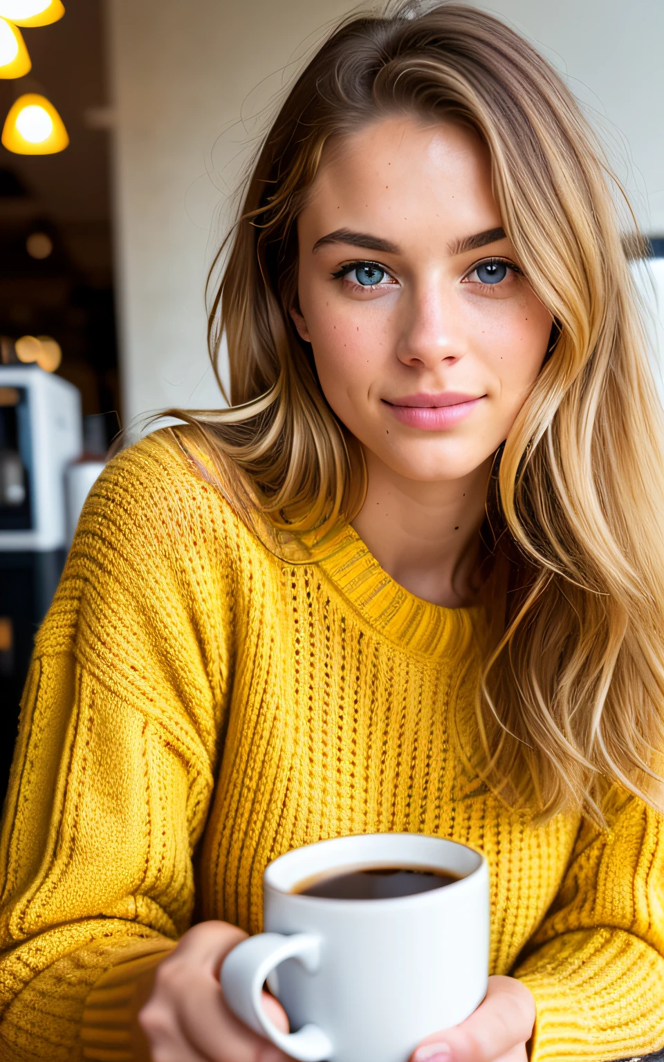 cute beautiful blonde wearing yellow sweater (drinking coffee inside a modern cafe at sunset), very detailed, 21 years old, inoccent face, natural wave hair, blue eyes, high-res, masterpiece, best quality,intricate details, highly detailed,sharp focus, detailed skin,realistic skin texture,texture, detailed eyes, professional, 4k, charmer smile, shot on Canon, 85mm,shallow depth of field,kodak vision color, perfect fit body, extremely detailed, photo_\(ultra\), photorealistic, realistic, post-processing, max detail, roughness, real life, ultra realistic, photorealism, photography, 8k uhd, photography
