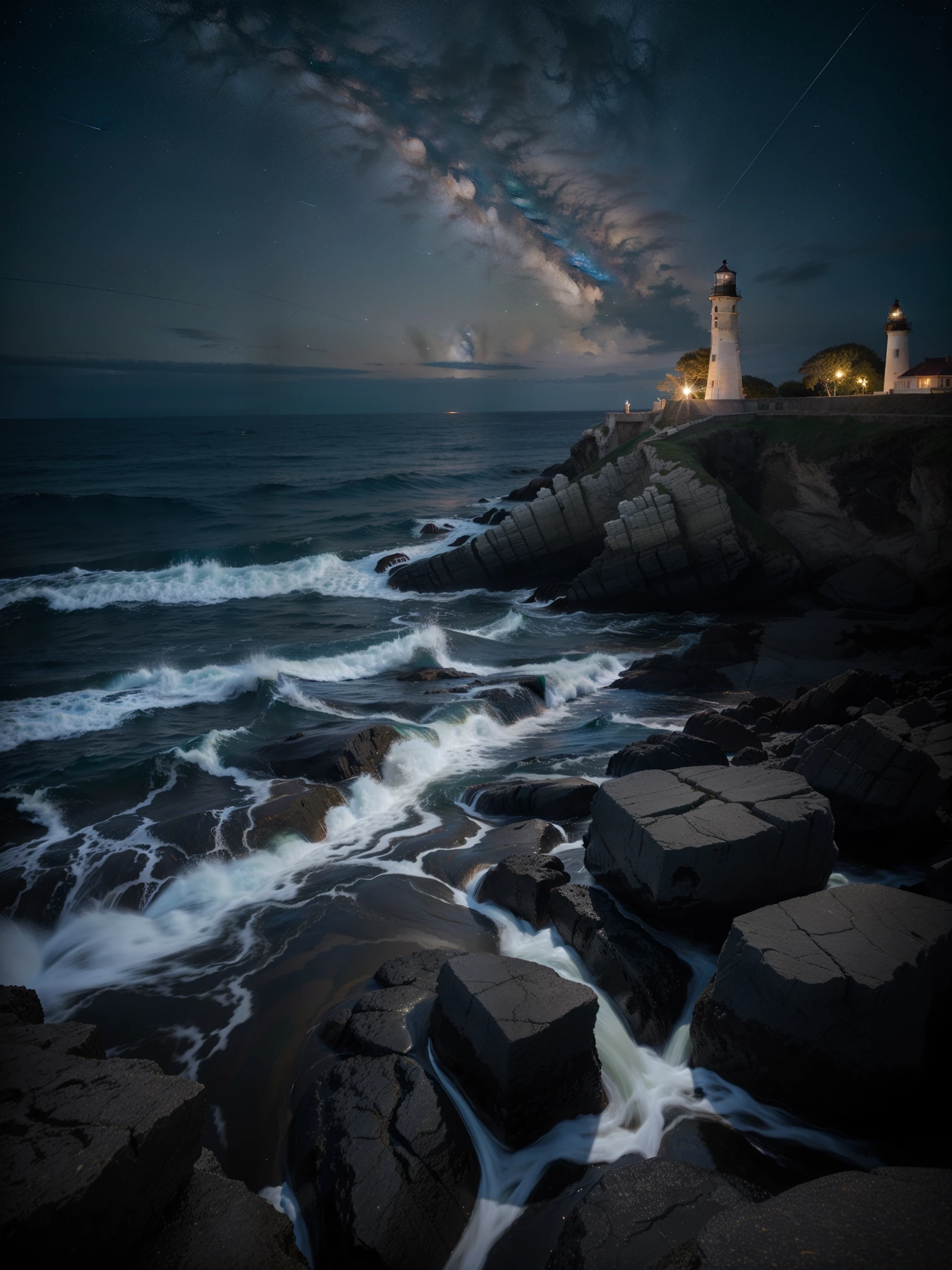 the night, lighthouse, a starry sky, rocky beach, beste-Qualit