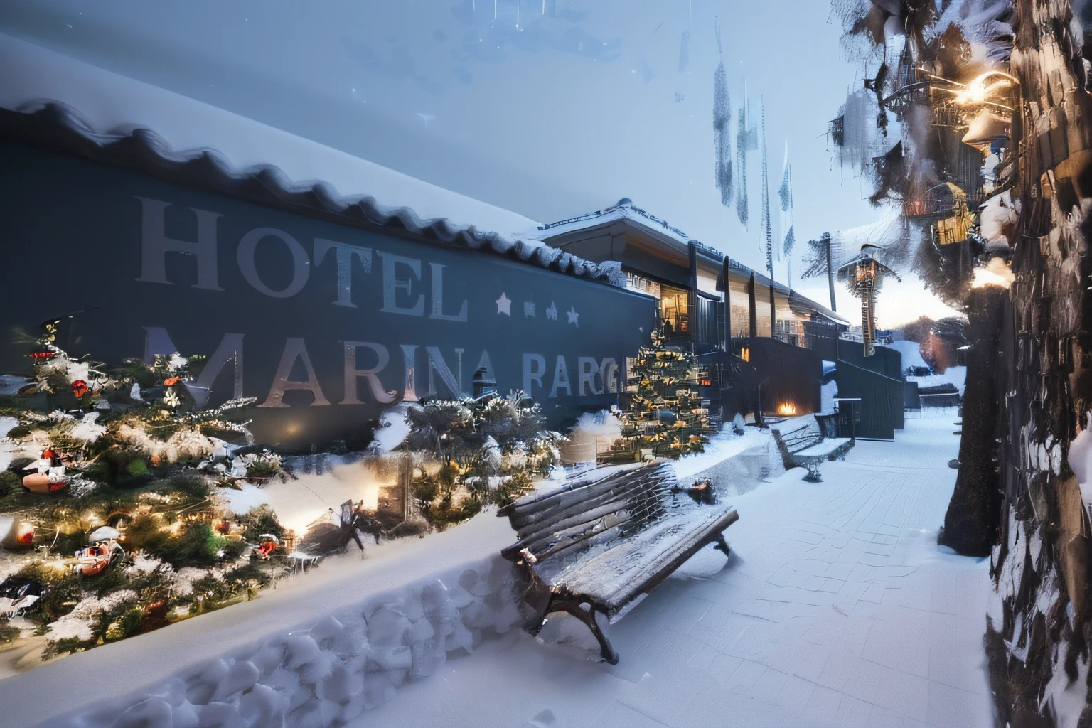 Keep the image as it is, add stars to the sky, and incorporate snow effects along with festive New Year's Eve elements, including Christmas trees adorned with garlands.