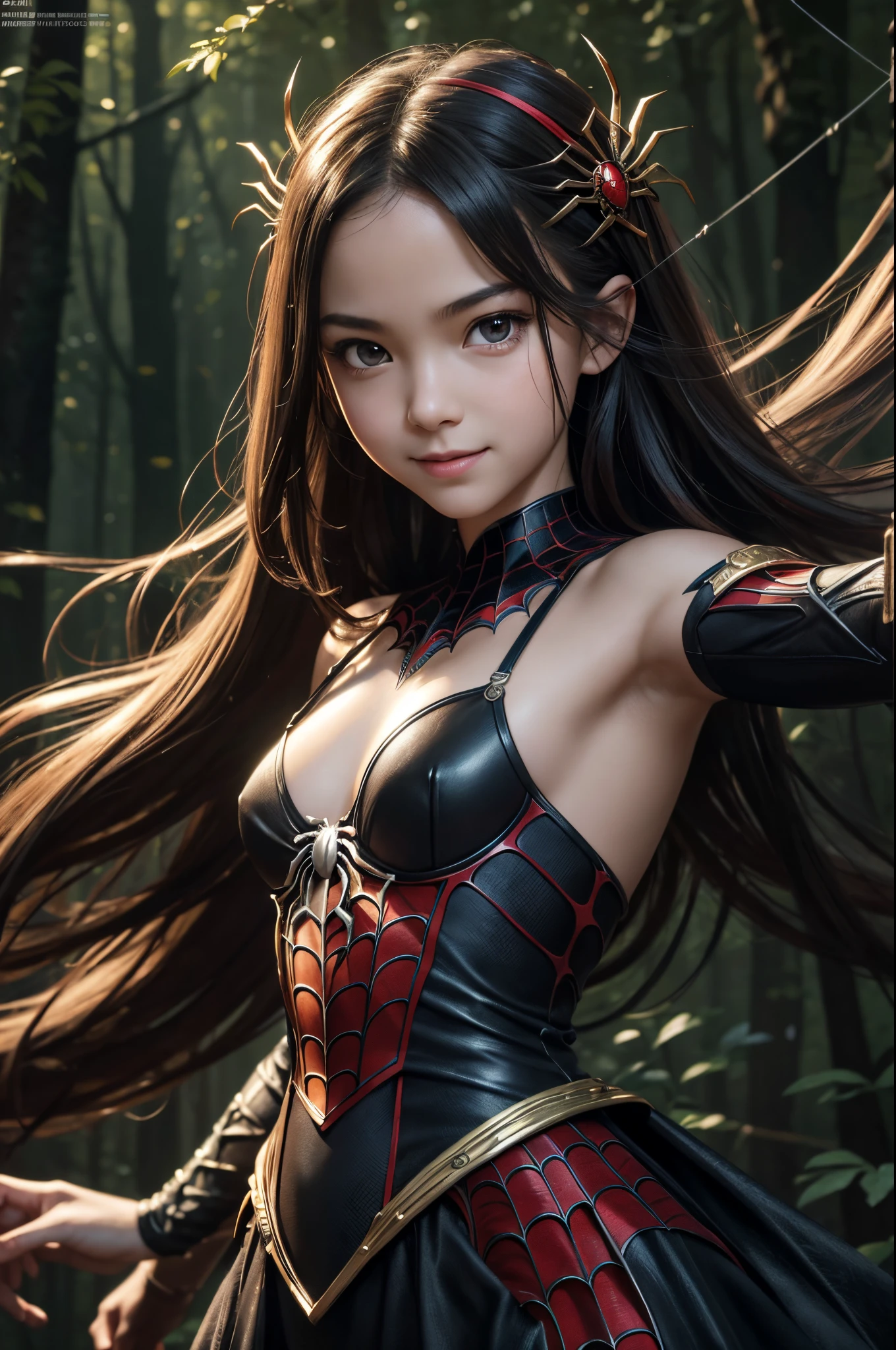 8K,((Best Quality)), ((masutepiece)), ((Realistic)), personification of a young spider, old girl, artistic anatomic hands, Artistic anatomy, Black eyes, Female face, , Trending on ArtStation, Sharp Focus, studio, Intricate details, Very detailed, Detailed eyes, Illustration, Very detailed, Sharp Focus, a digital rendering, Professional, 8K Beautiful expression 超A high resolution very small breasts,real looking skin,spider dress,gorgeous dress,Mischievous smile,spider-shaped hair ornament,Spider crest,Precise heraldic work,10yearsrl,combat scene,action scene,realistic combat,actionpose,In the dimly lit forest,many big spider webs,