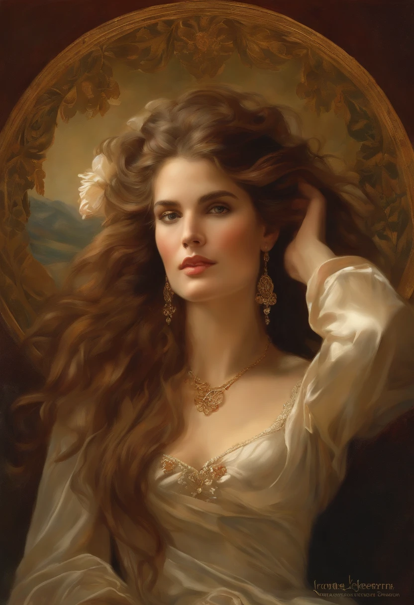 Brooke Shields youngPainting of a beautiful and sexy woman, ((with long medusa hair, falling over her shoulders)) and an embroidered dress, ((French courtesan, from the Victorian Era)), ((Brooke Shields young style)), wearing a dress low-cut and black embroidered corset, in Paris brothel background, Bowater art style, baroque digital painting, Renaissance digital painting, masterpiece! inspired by Franz Xaver Winterhalter, inspired by Friedrich von Amerling, beautiful character painting, beautiful digital painting, inspired by Thomas Lawrence, beautiful yywater painting, refraction, reflections, mirrors, prisms, sunlight, bright lights!! Intricate, elegant, highly detailed digital painting, art station, concept art, sharp, soft focus, illustration, art by ( ( ( ( Artgerm ) ) ) ) and ( Greg Rutkowski )! and (((Alphonse Mucha))), eyes reflecting in eyes reflecting to infinity