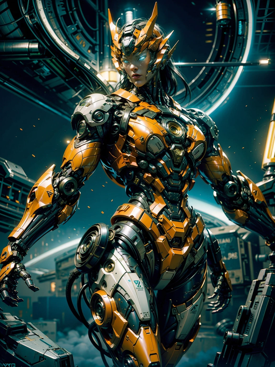 megan fox), Cinematic, hyper-detailed, black muscles with neon veins, perfect muscular anatomy of a bald super muscular female android girl. Beautiful color grading, enhancing the overall cinematic feel. Unreal Engine renders her anatomic cybernetic muscle suit to life; mesmerizing. With depth of field (DOF), every detail is focused and accentuated, drawing attention to her eyes and the intricate design of the anatomic cybernetic muscle suit . Max image resolution, using super-resolution technology to ensure pixel perfection. Cinematic lighting enhances her aura, while anti-aliasing techniques like FXAA and TXAA keep the edges smooth and clean. Realistic raytracing with RTX technology for perfect rendering of the anatomic cybernetic muscle suit. Additionally, SSAO (Screen Space Ambient Occlusion) gives depth and realism to the scene, the girl's anatomic cybernetic muscle suit become even more realistic. In the post-processing and post-production stages, tone mapping enhancement creates a captivating visual experience. The integration of CGI (Computer-Generated Imagery) and VFX (Visual Effect brings out the anatomic cybernetic muscle suit's intricate features seamlessly. Incredible detail with, with intricate hyper maximalist and hyper-realistic elements meticulously crafted into the artwork. Volumetric effects add depth and dimension, with unparalleled photorealism. 8K image resolution render, ensuring super-detailed visuals. The volumetric lightning adds a touch of magic, highlighting her beauty and the aura of her anatomic cybernetic muscle suit in an otherworldly way. High Dynamic Range (HDR) technology makes the colors pop, adding richness to the overall composition. Ultimately, this artwork presents an unreal portrayal of a super muscled cybernetic female android